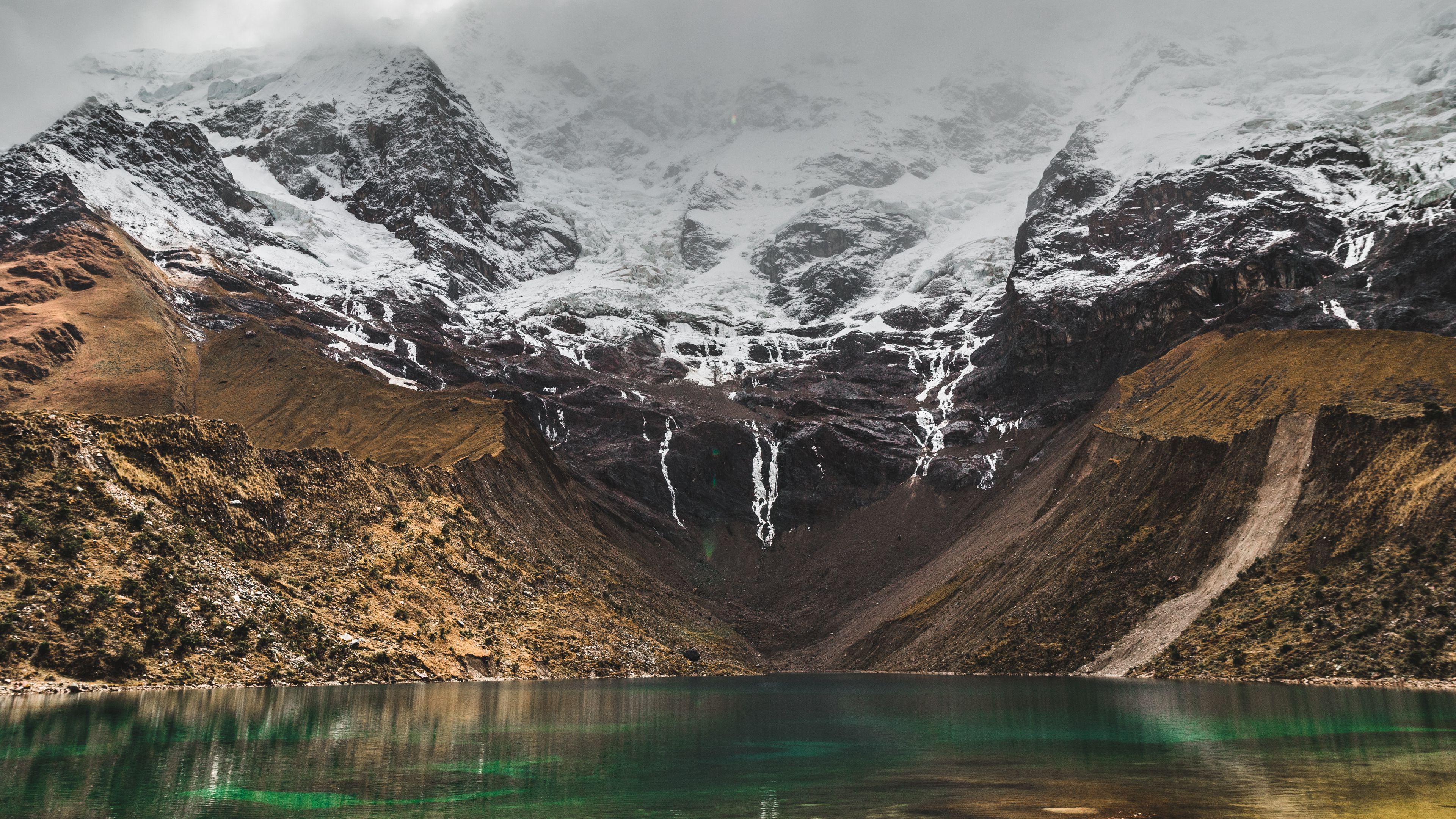mountains, lake, landscape, water, snow, 4k, HD Wallpaper