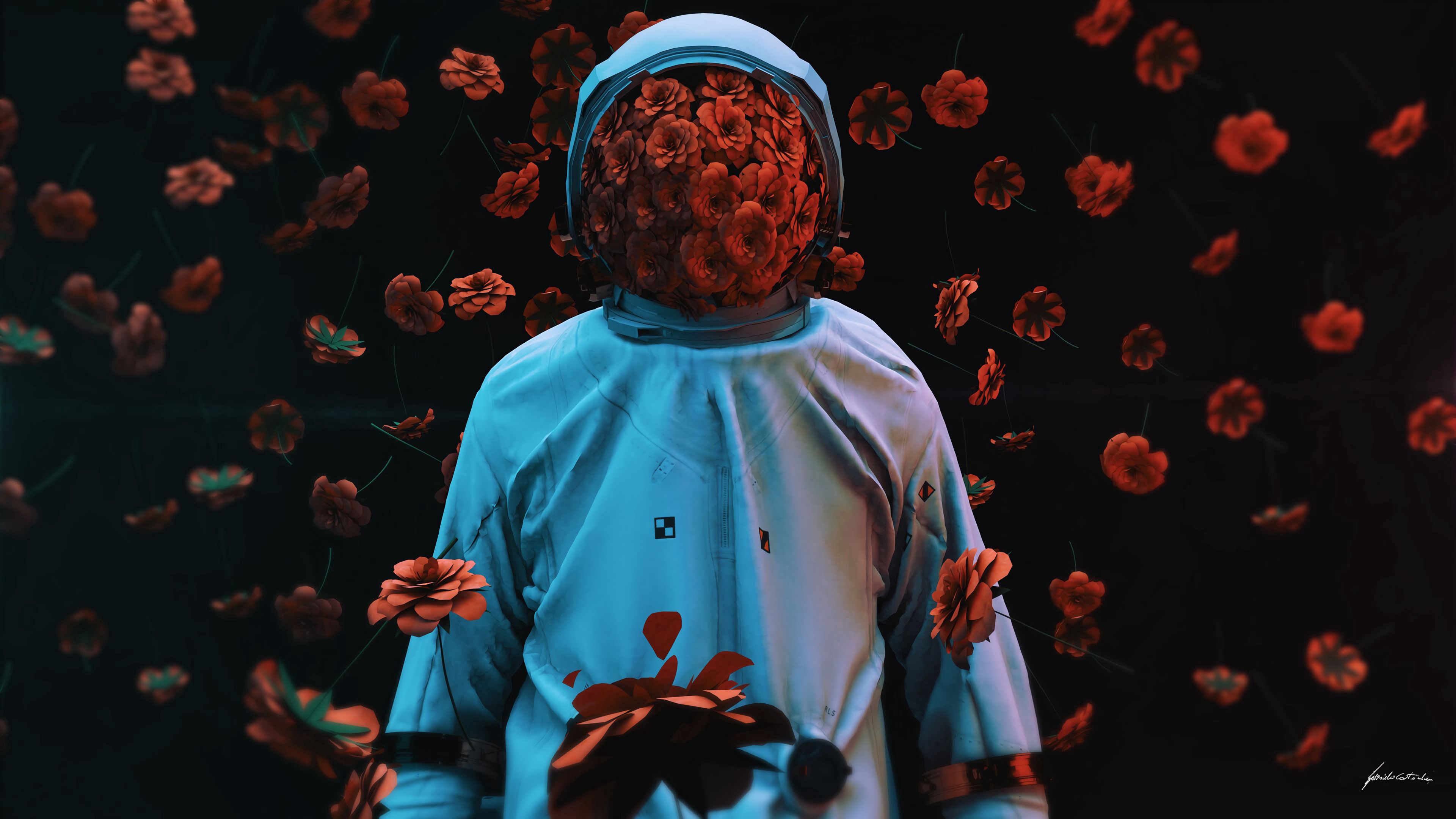 astronaut, flowers, spacesuit, gravity, 3d, 4k, HD Wallpaper