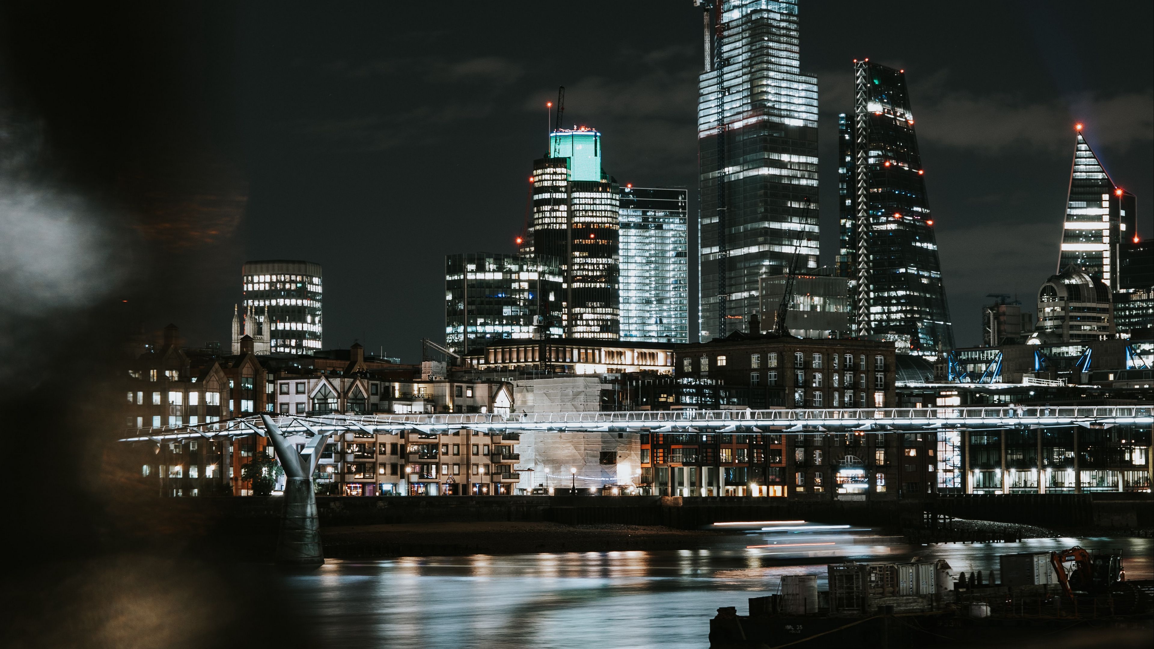 night city, buildings, lights, bridge, river, dark, 4k, HD Wallpaper