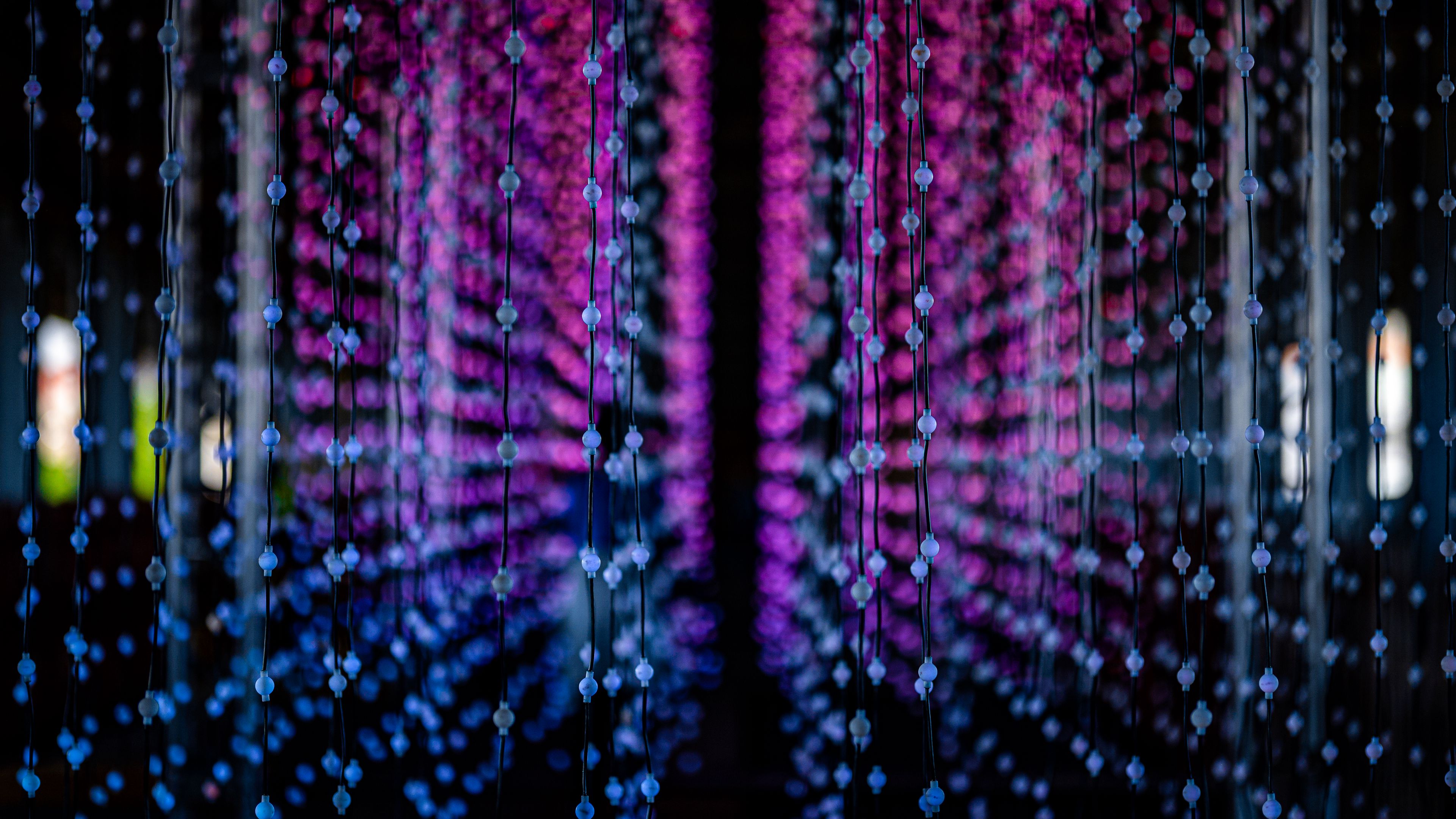 garlands, bulbs, lights, blur, dark, 4k, HD Wallpaper