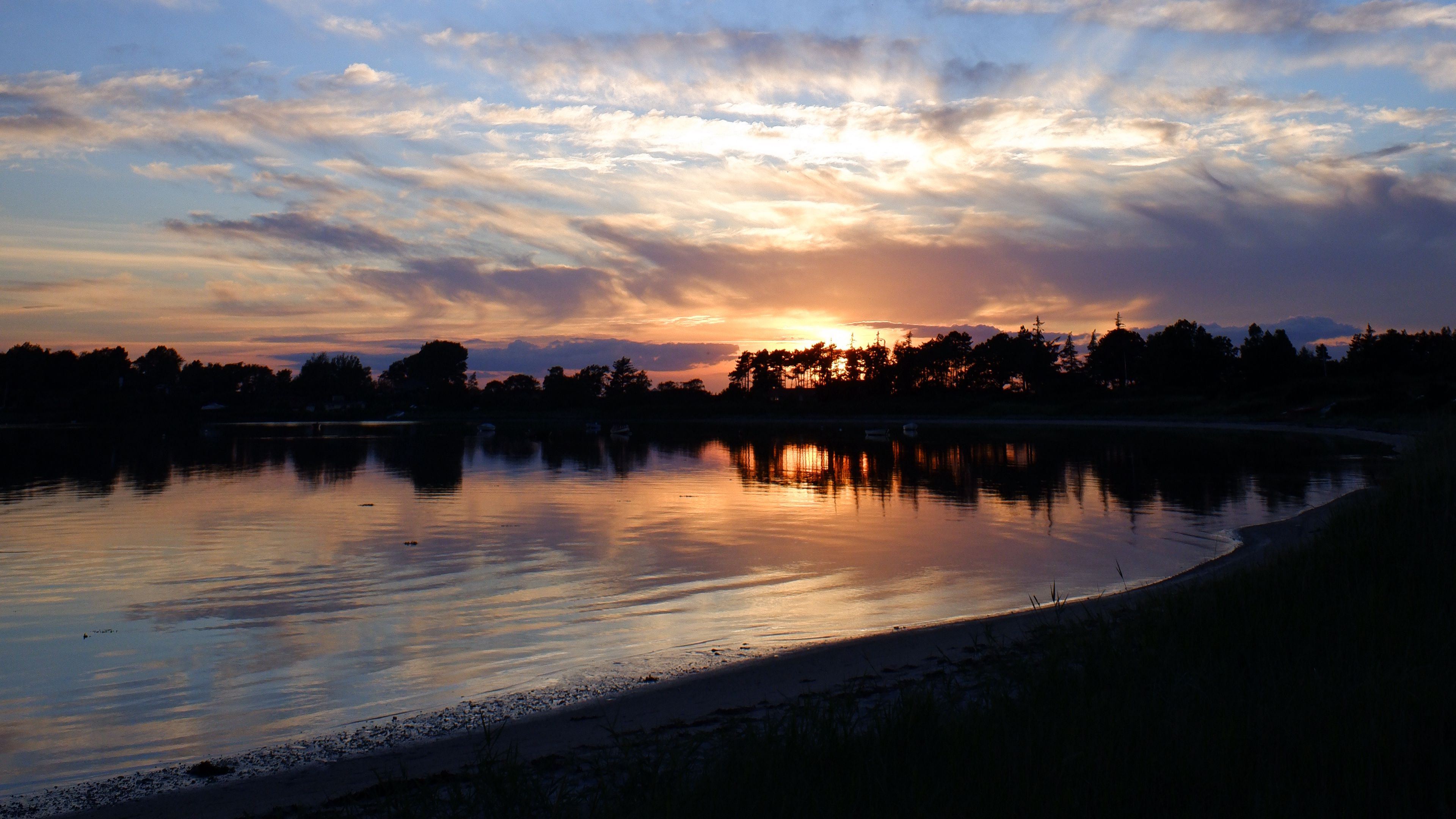 lake, sunset, dusk, dark, shore, 4k, HD Wallpaper