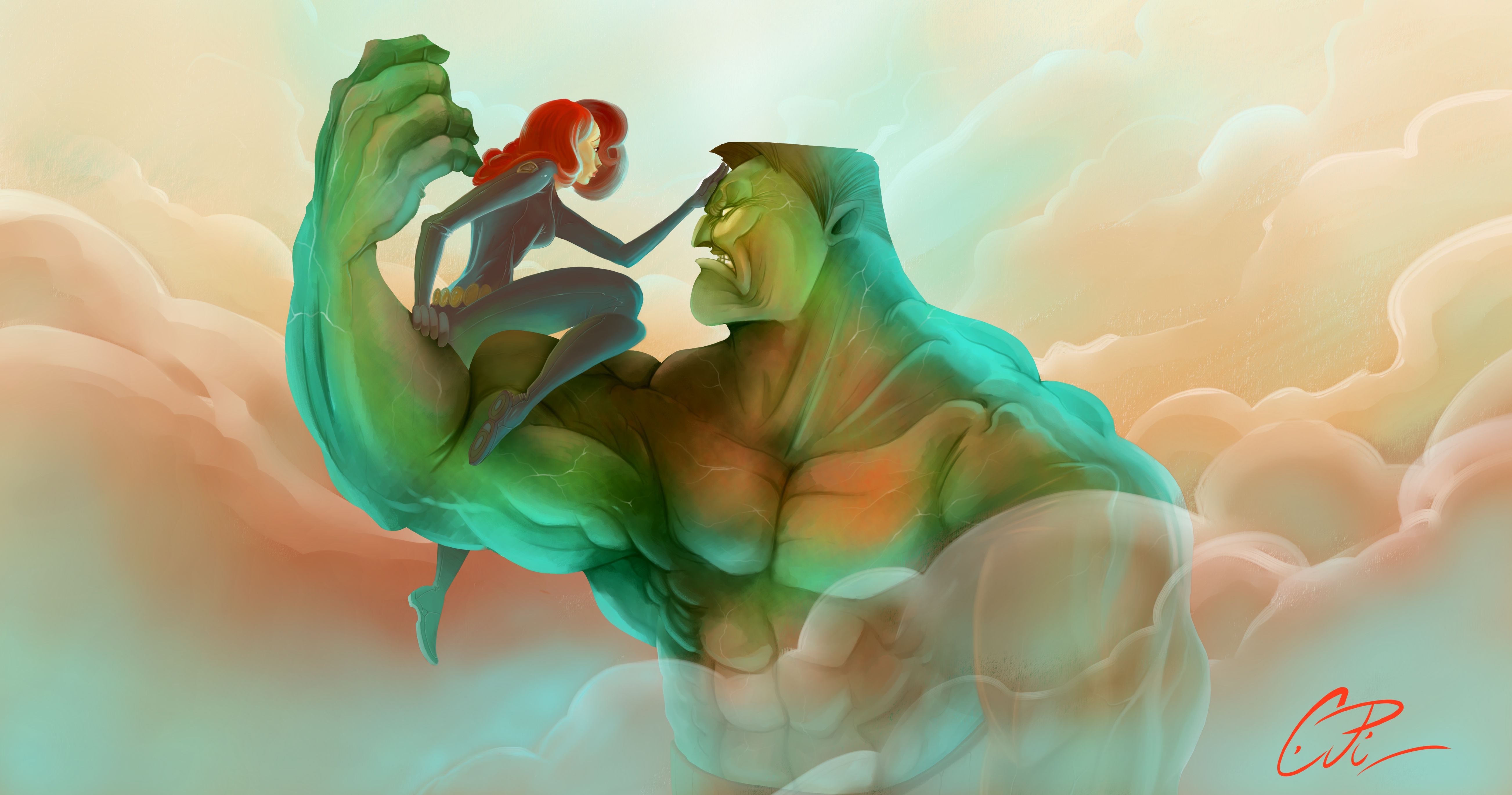 hulk, black widow, artwork, hd, 4k, 5k, artist, deviantart, digital art, art, HD Wallpaper