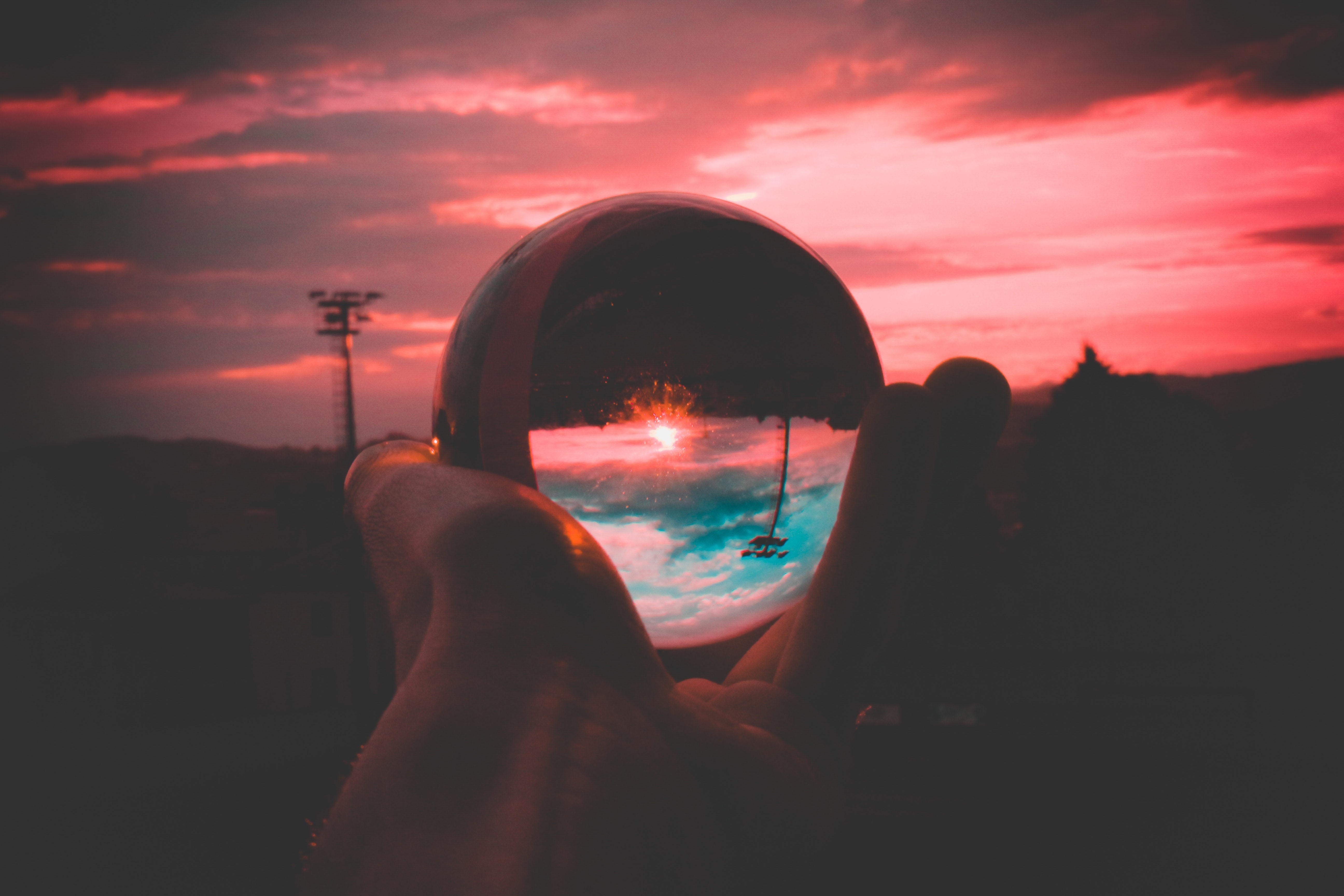 glass ball, glass, photography, hd, sunset, evening, 4k, 5k, HD Wallpaper
