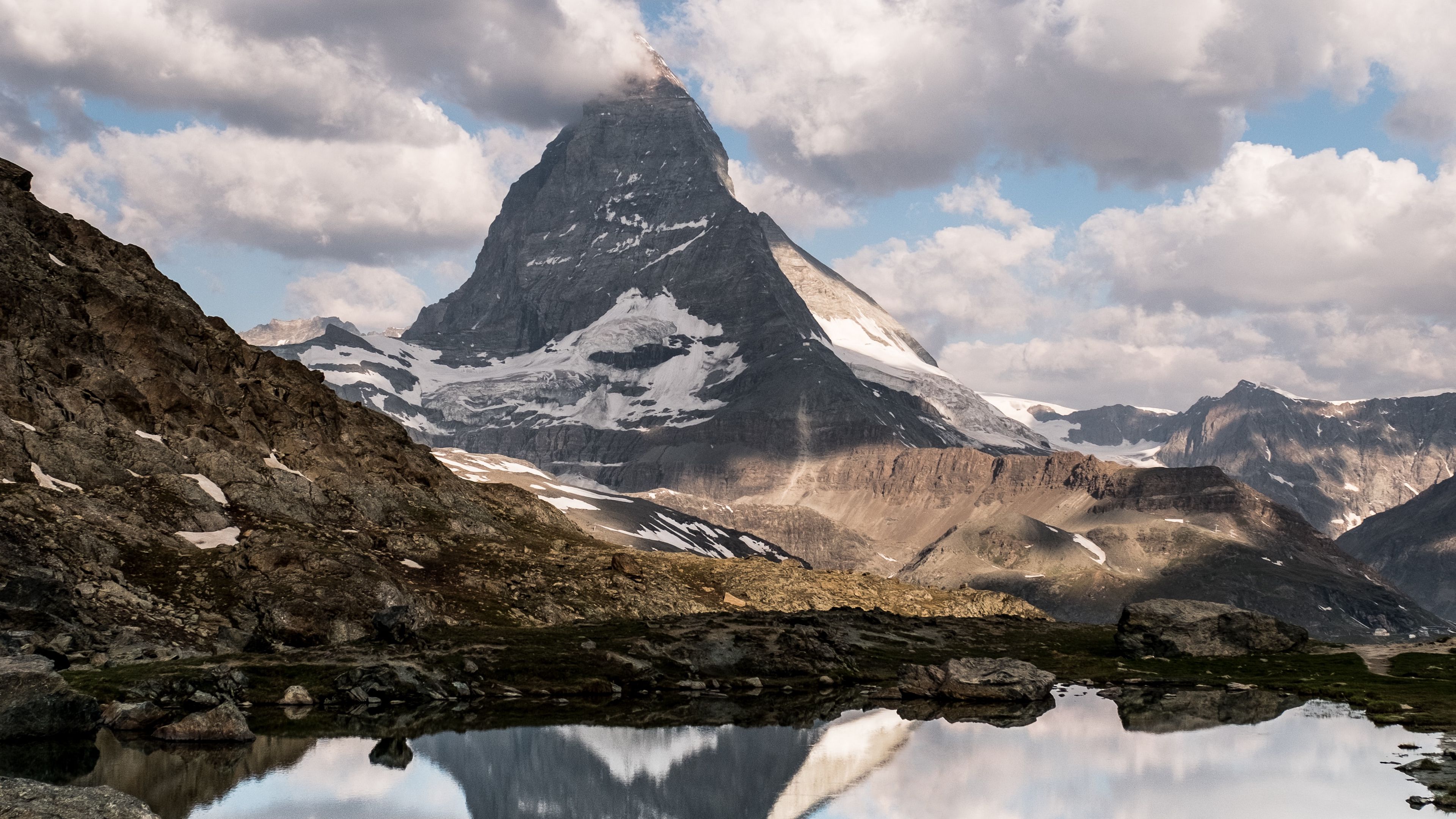 mountains, lake, clouds, stones, nature, 4k, HD Wallpaper