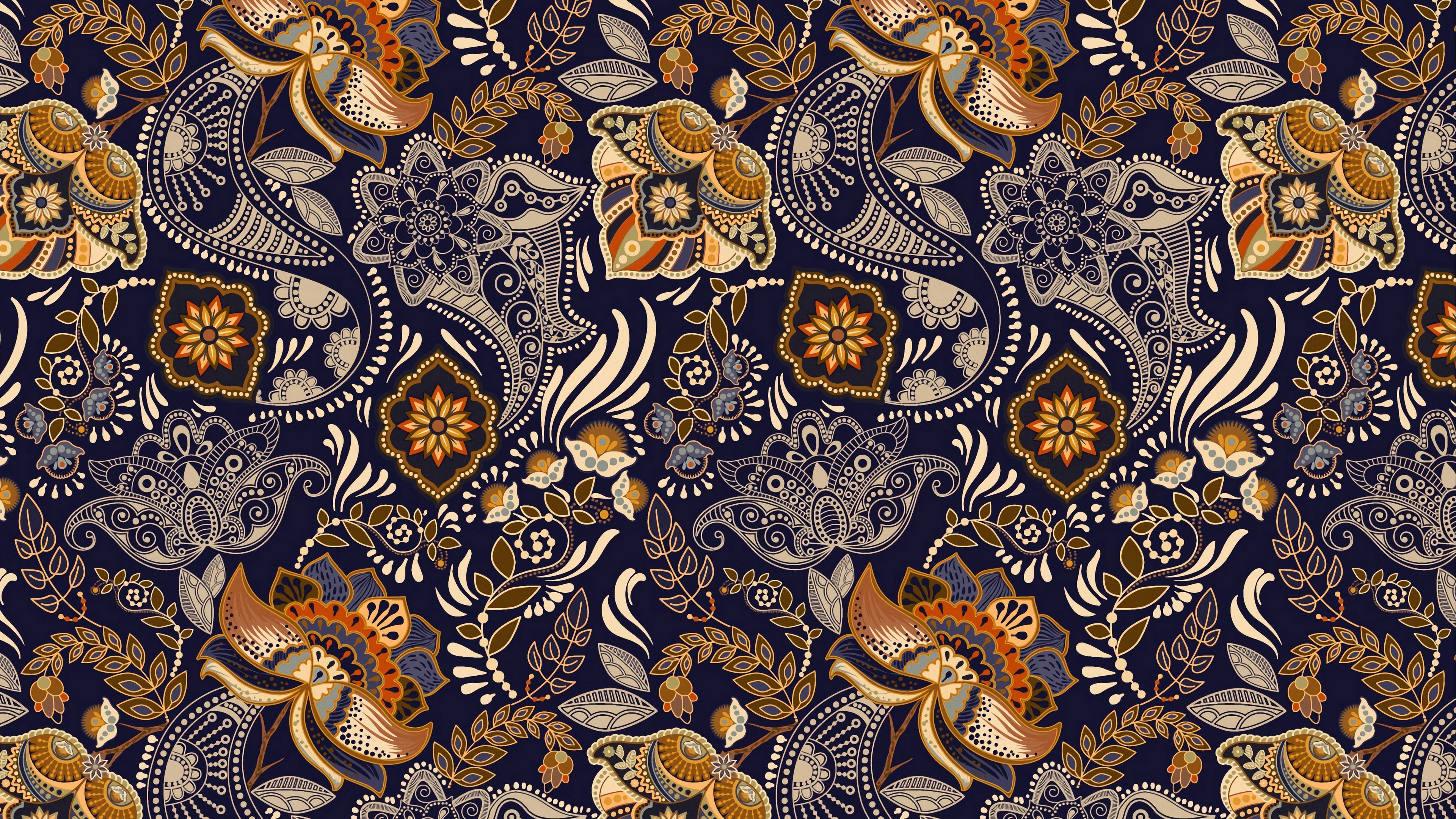 pattern, ornament, flowers, branches, leaves, 4k, HD Wallpaper