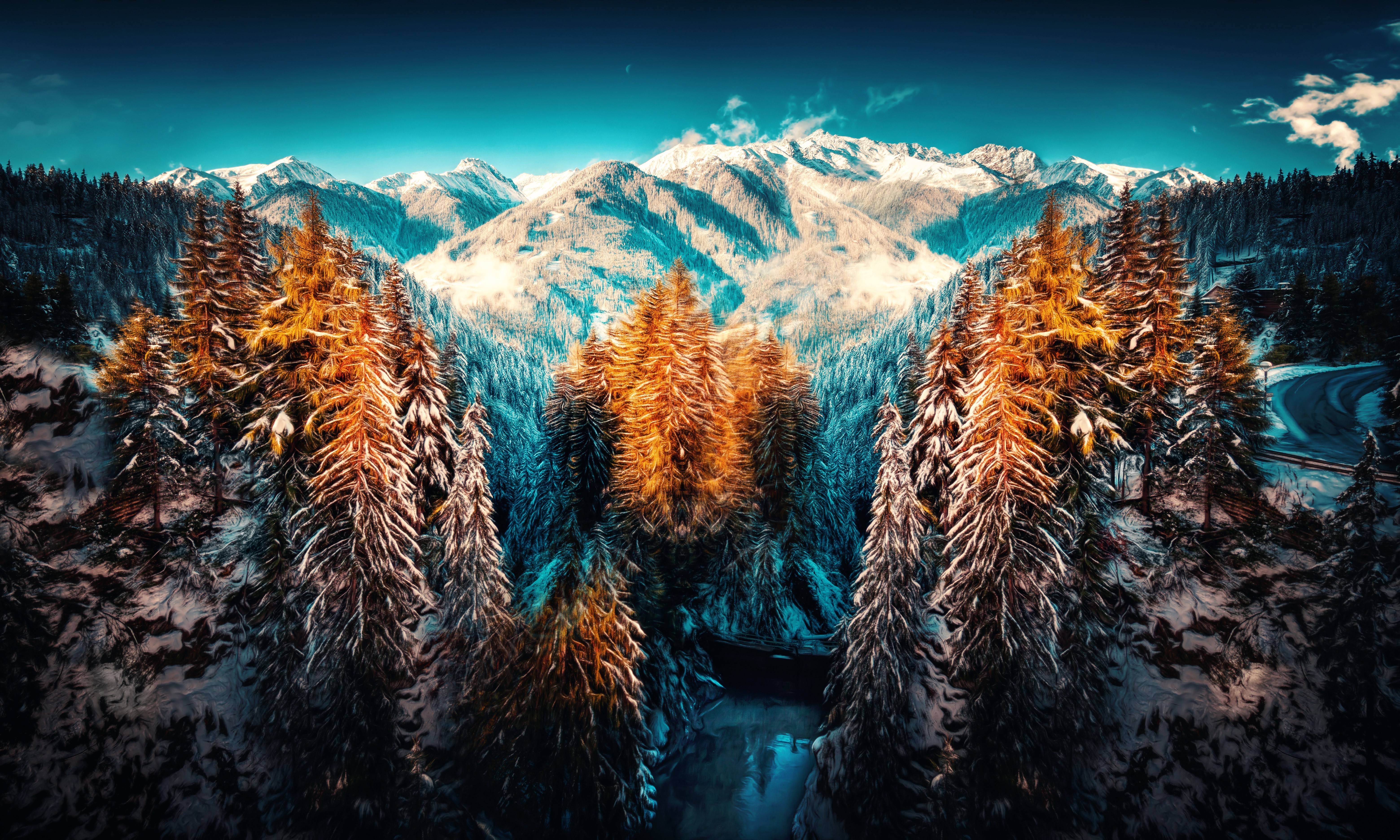 snow, landscape, mountains, trees, forest, nature, hd, 4k, 5k, HD Wallpaper