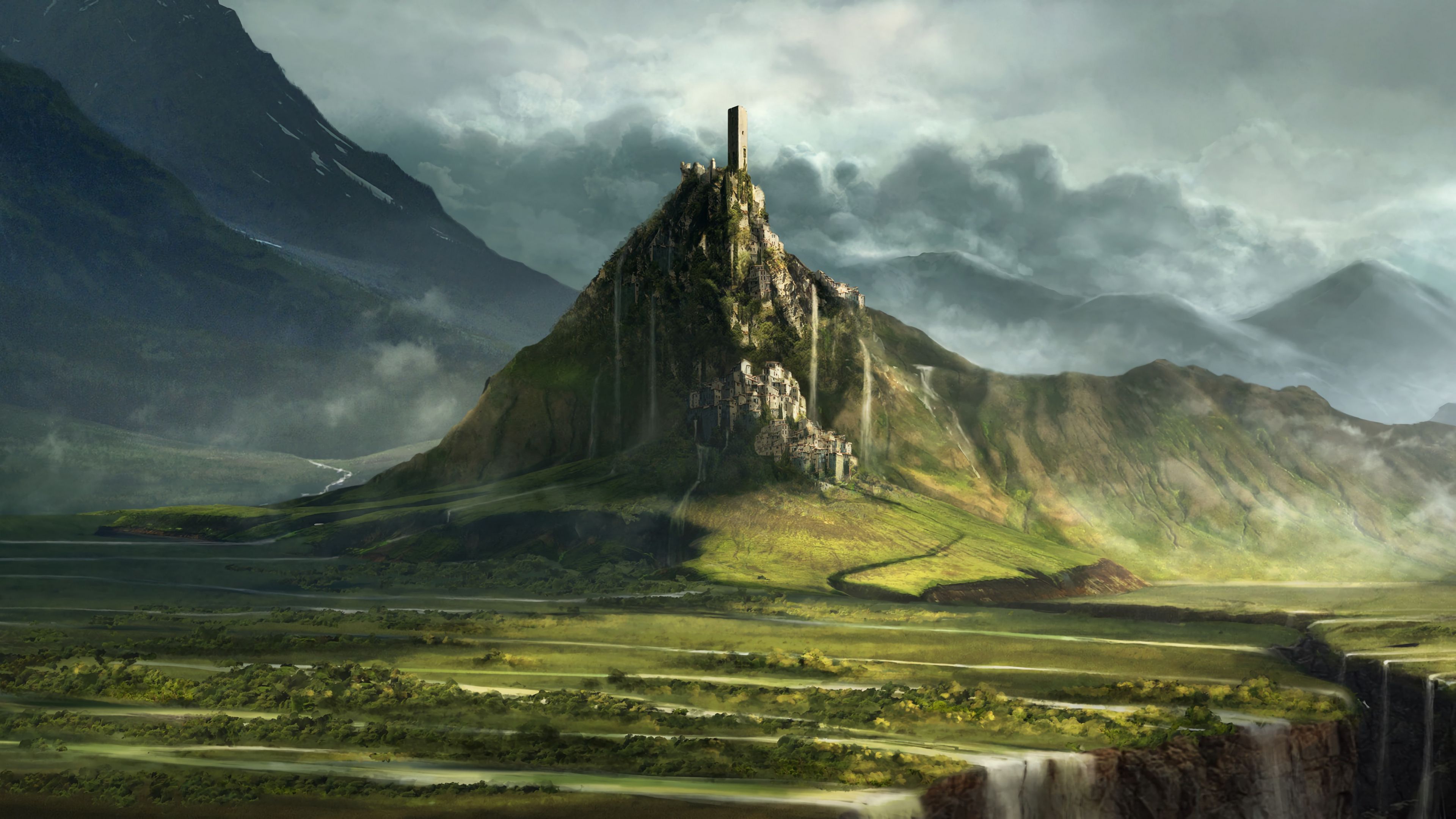 mountain, city, settlement, landscape, art, 4k, HD Wallpaper
