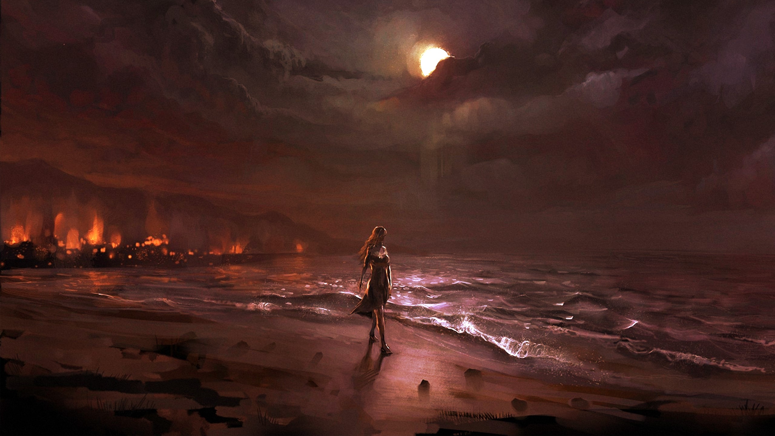 fire, digital art, artist, artwork, beach, hd, HD Wallpaper