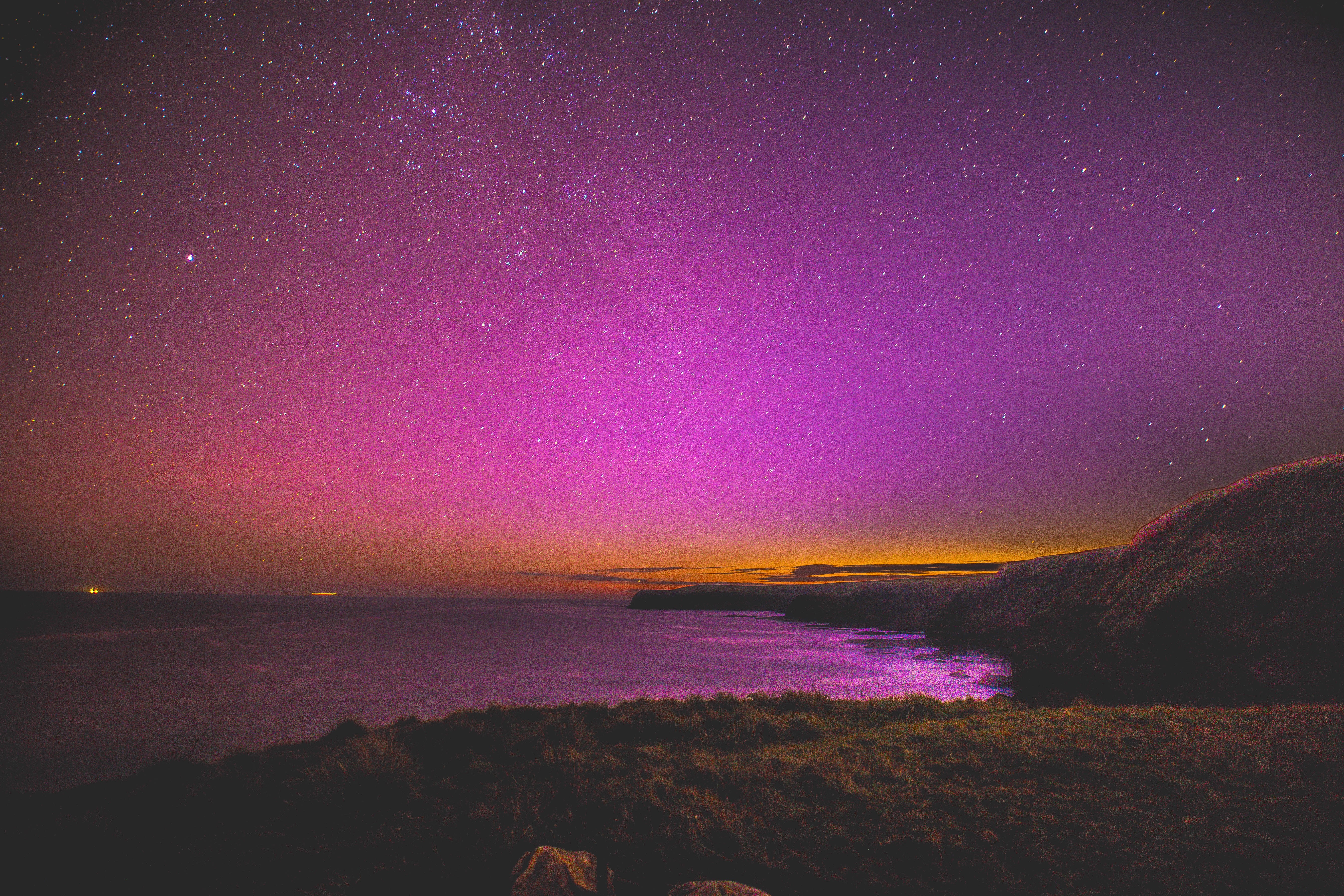 stars, sky, horizon, nature, hd, 4k, pink, dusk, dawn, ocean, 5k, HD Wallpaper