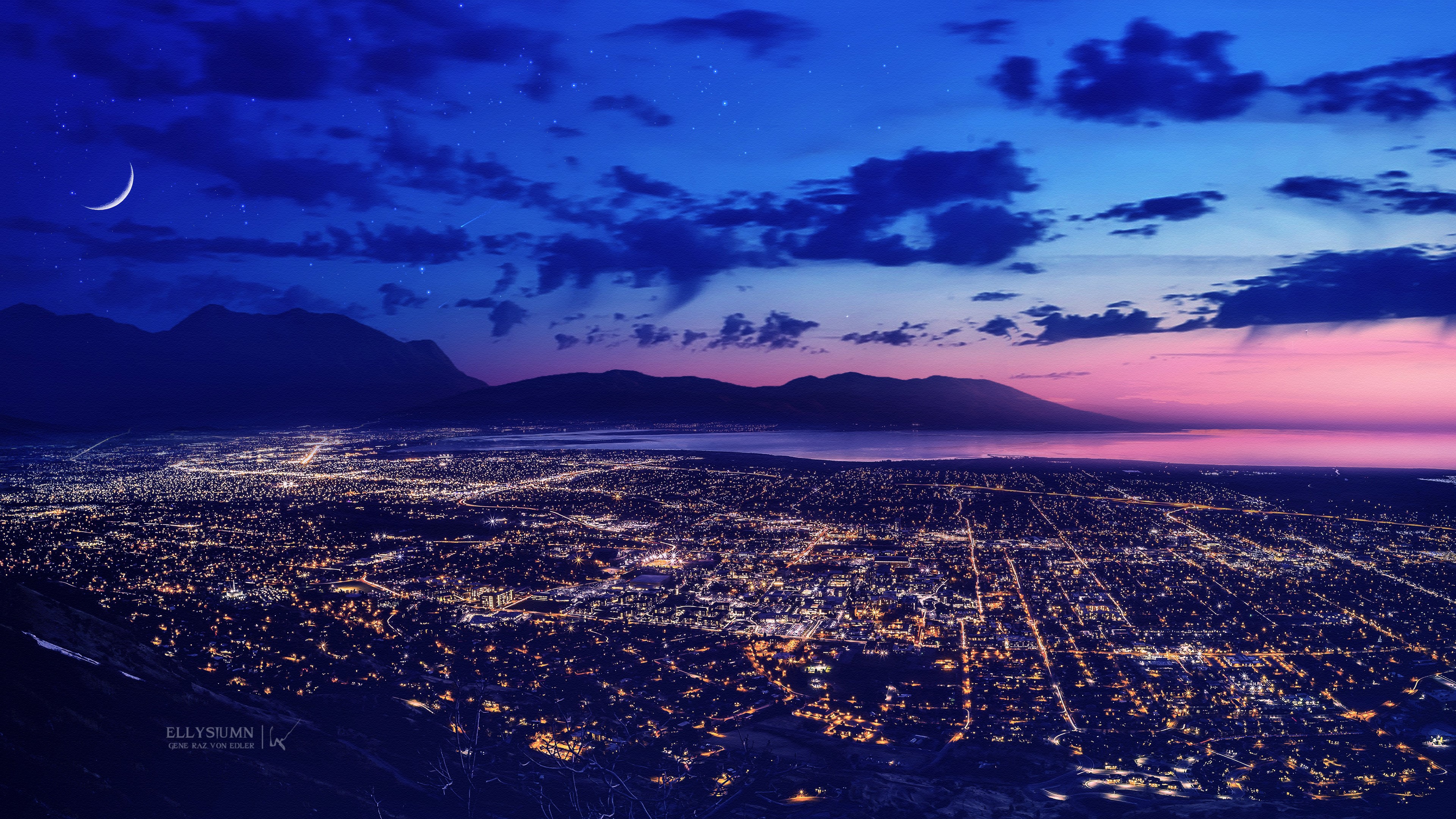 mountains, sky, moon, city, lights, hd, nature, 4k, HD Wallpaper