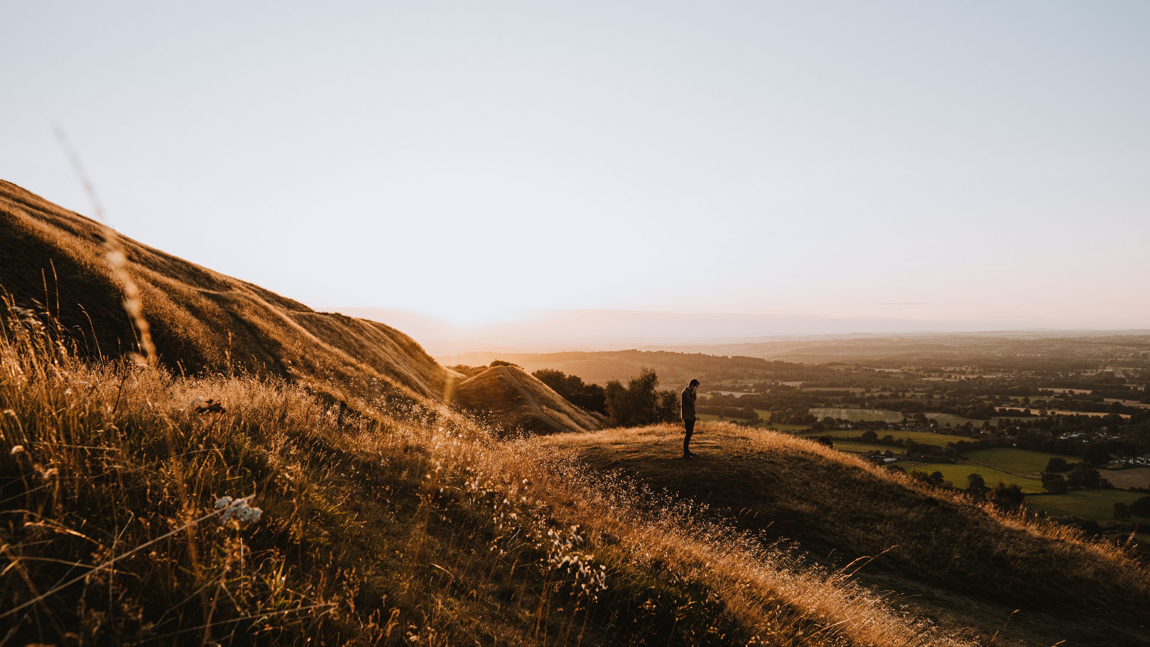 hills, man, silhouette, sunset, landscape, 4k, HD Wallpaper