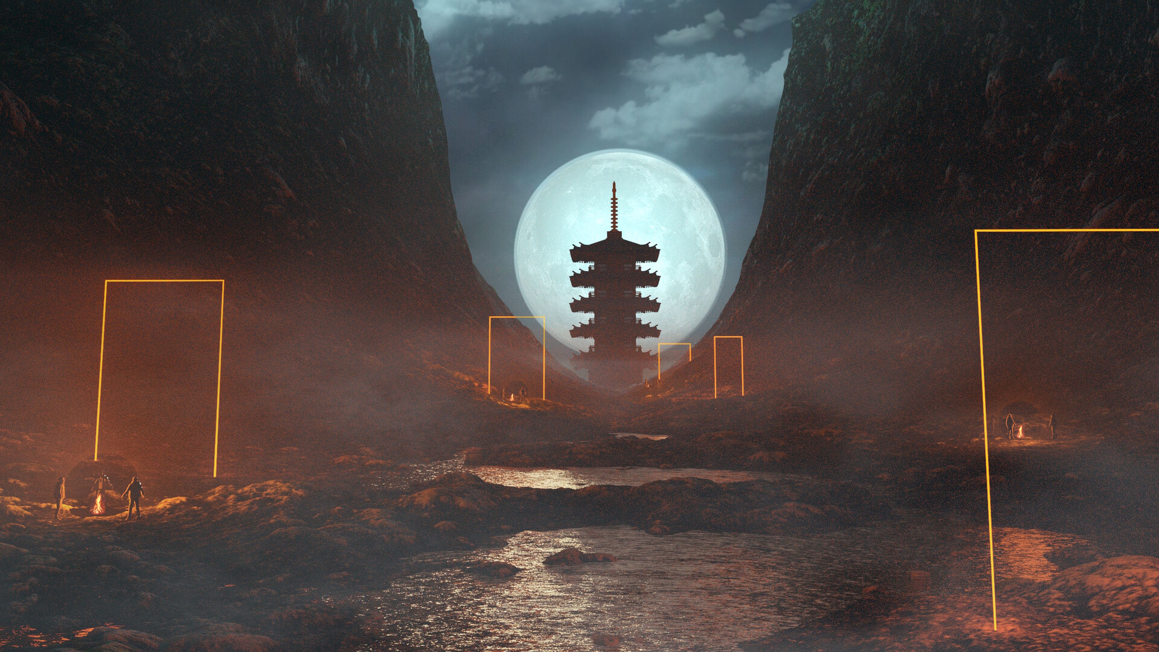 cave, pagoda, moon, night, fog, 4k, HD Wallpaper
