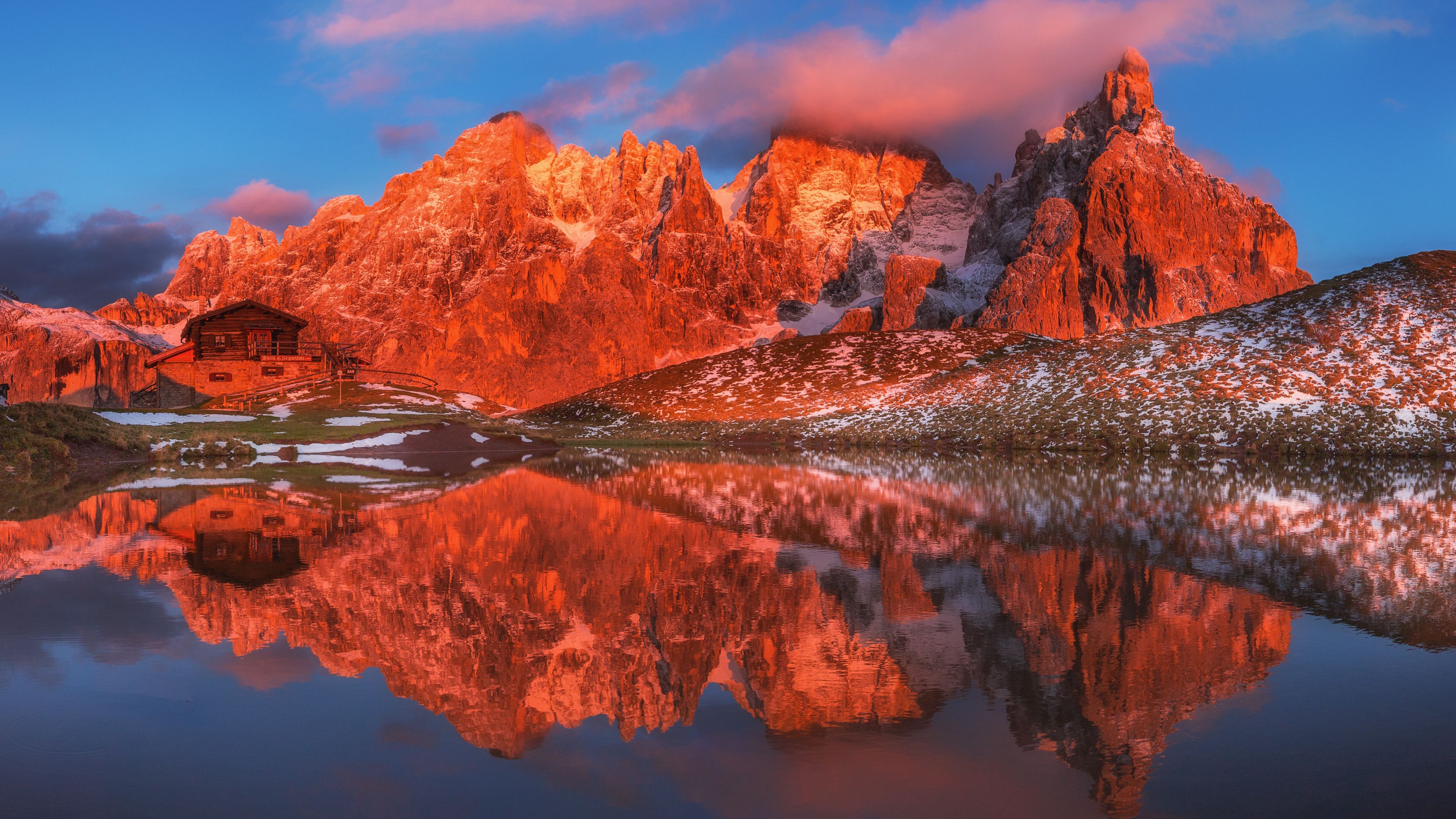 mountains, lake, house, reflection, landscape, 4k, HD Wallpaper