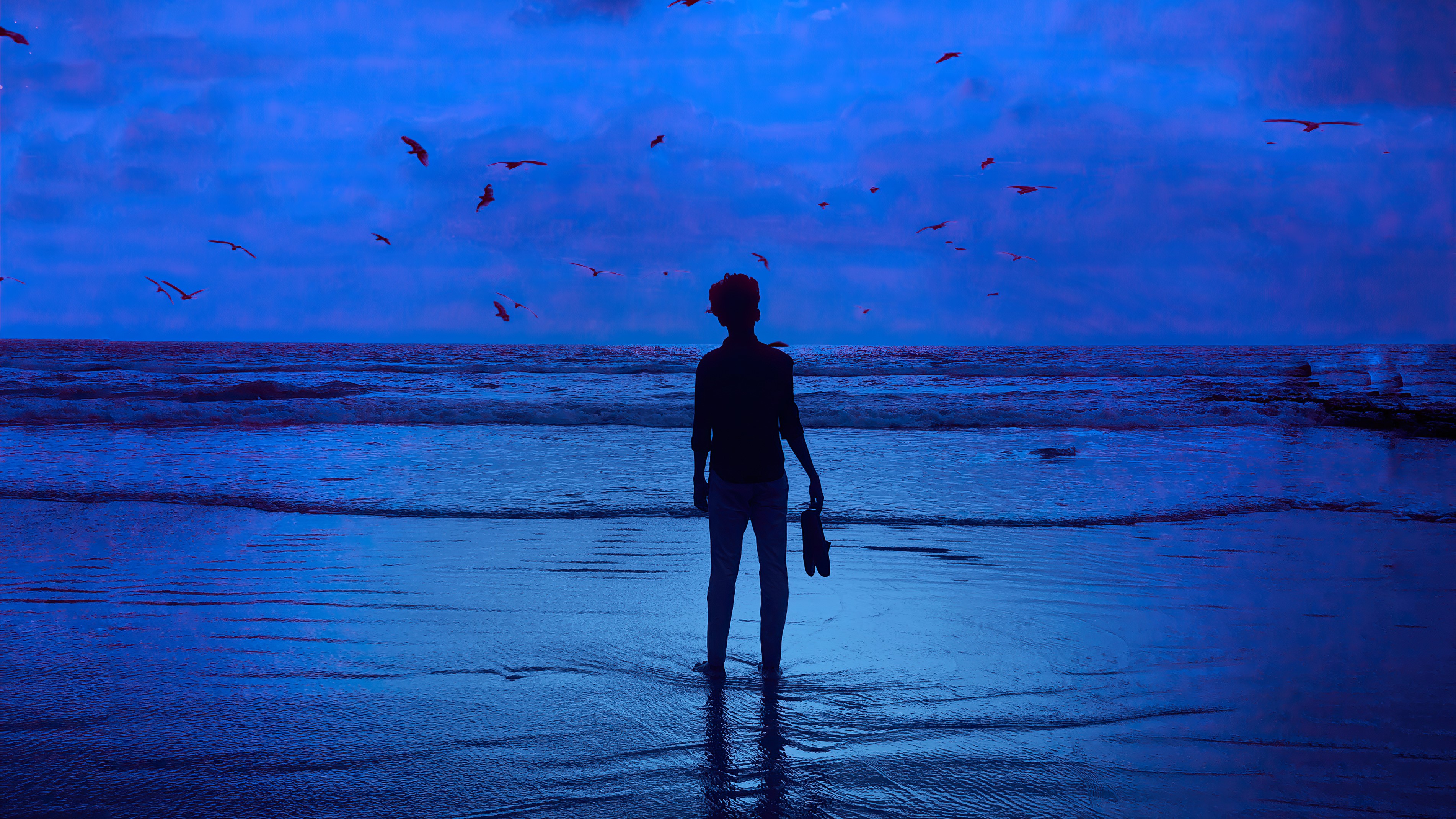 beach, blue, artist, artwork, digital art, hd, 4k, moon, HD Wallpaper