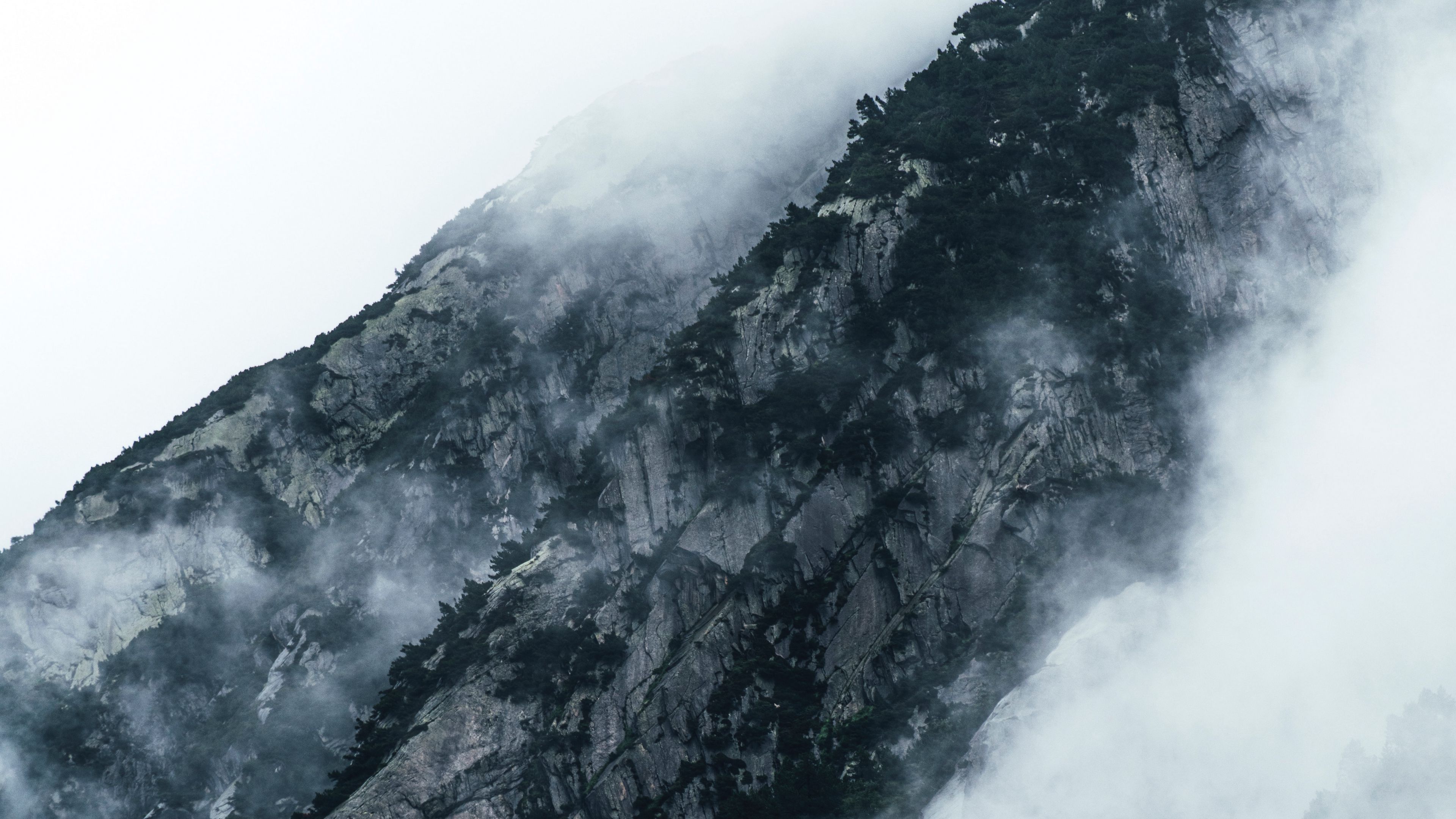 mountains, clouds, fog, slopes, vegetation, 4k, HD Wallpaper