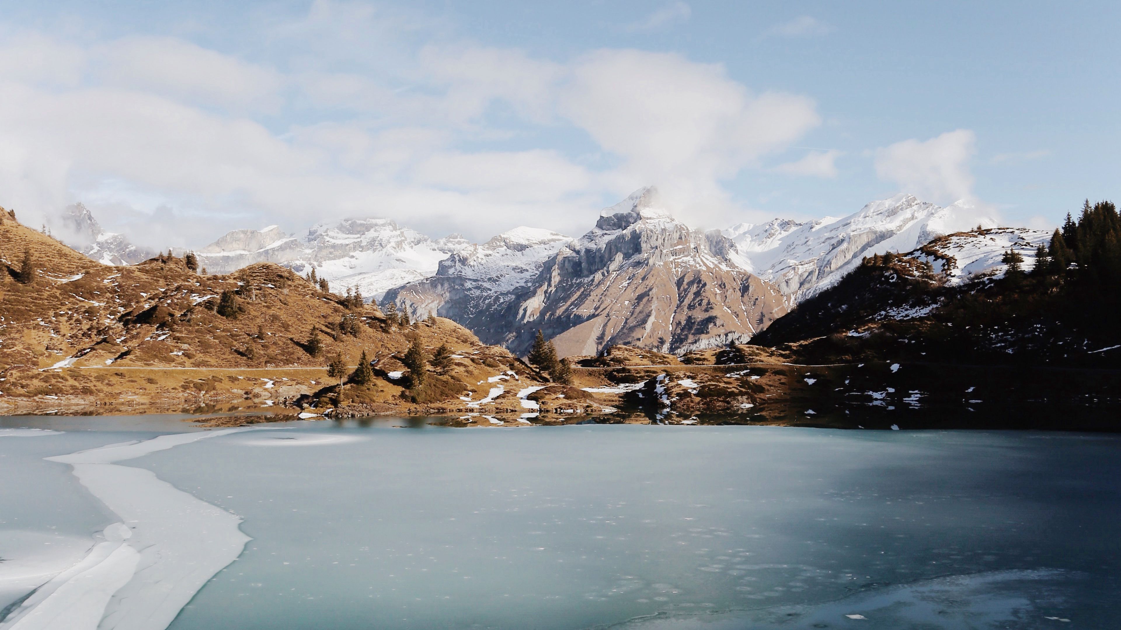 lake, mountains, ice, frozen, landscape, 4k, HD Wallpaper