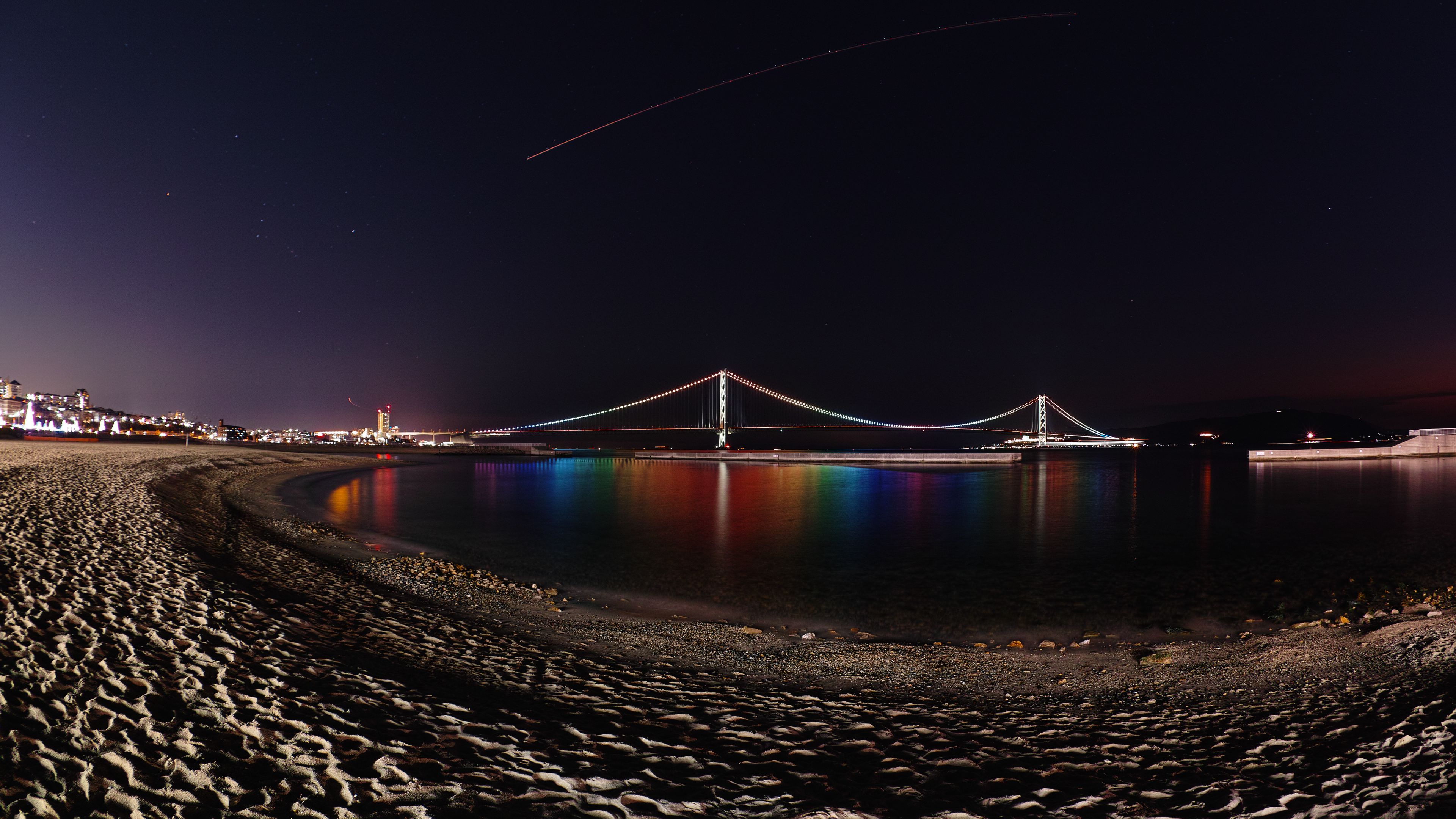 bridge, night, backlight, reflection, coast, 4k, HD Wallpaper