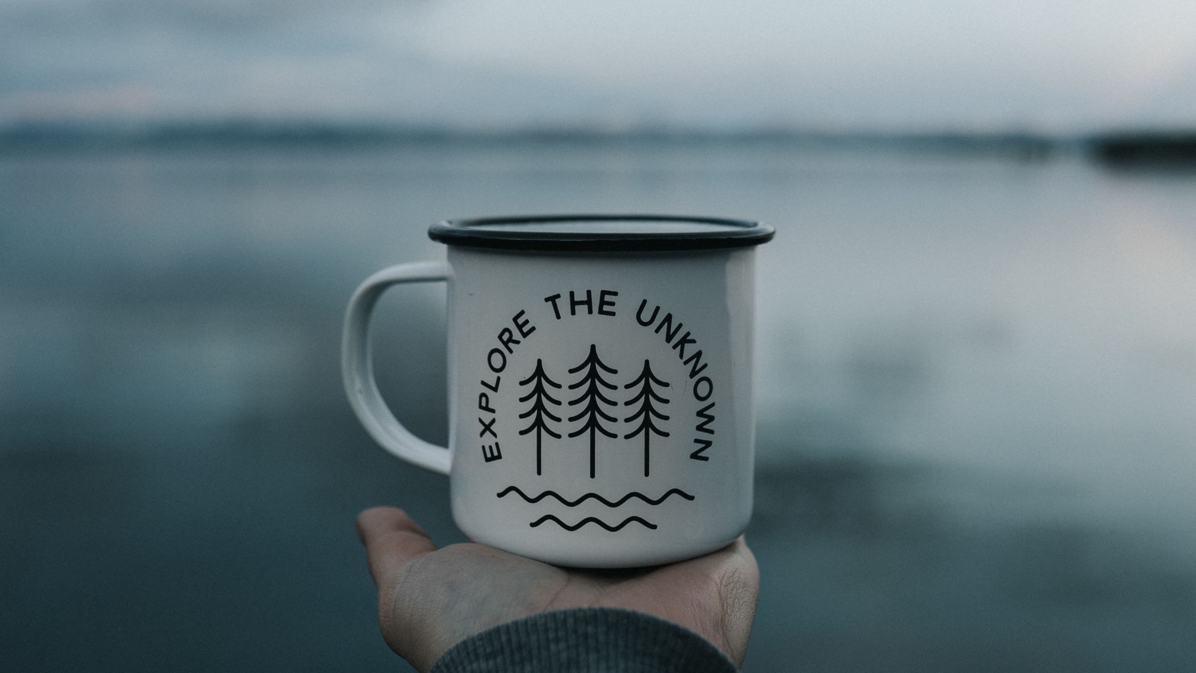 mug, inscription, hand, lake, nature, 4k, HD Wallpaper