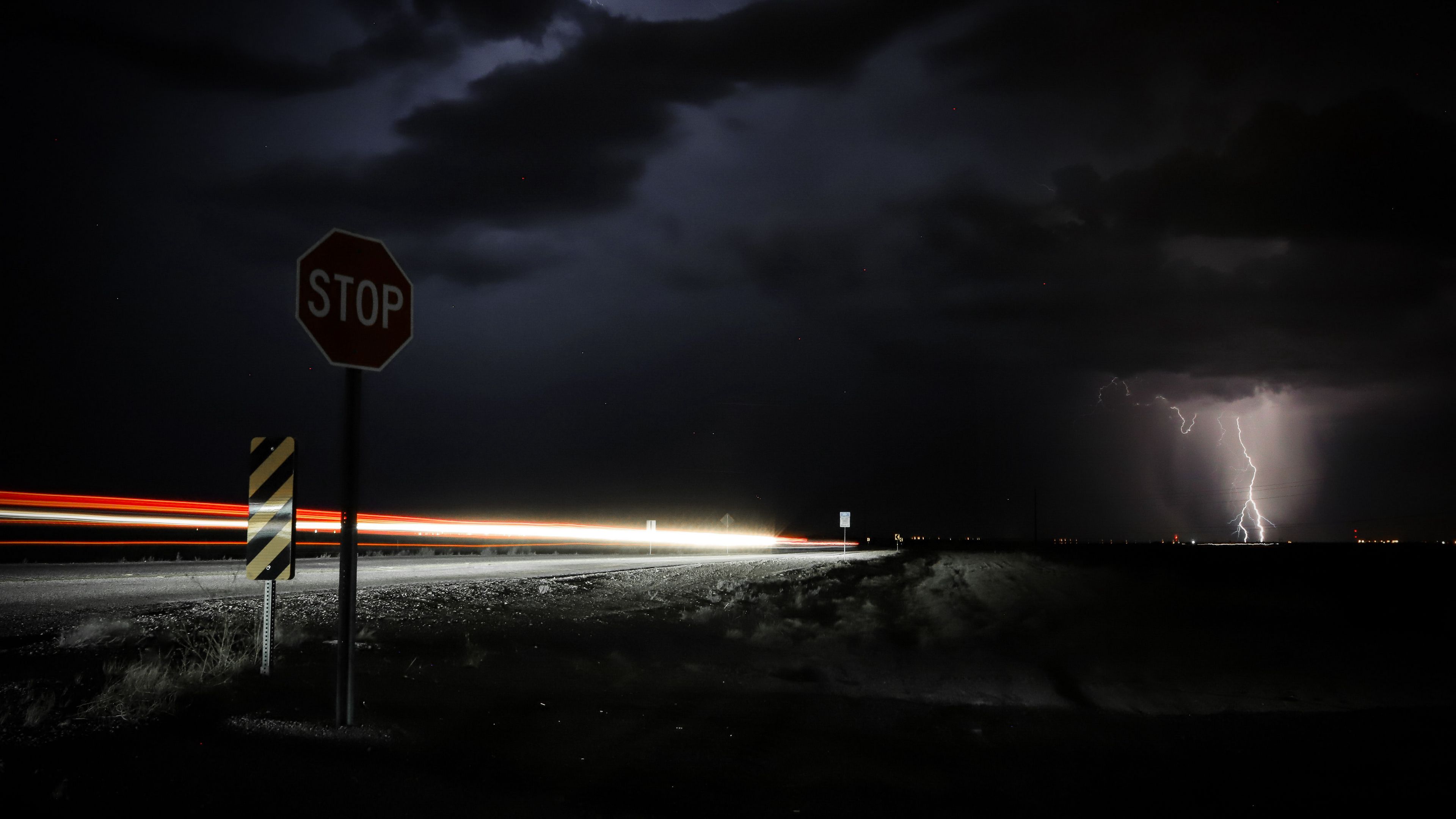 signs, road, night, dark, thunderstorm, 4k, HD Wallpaper