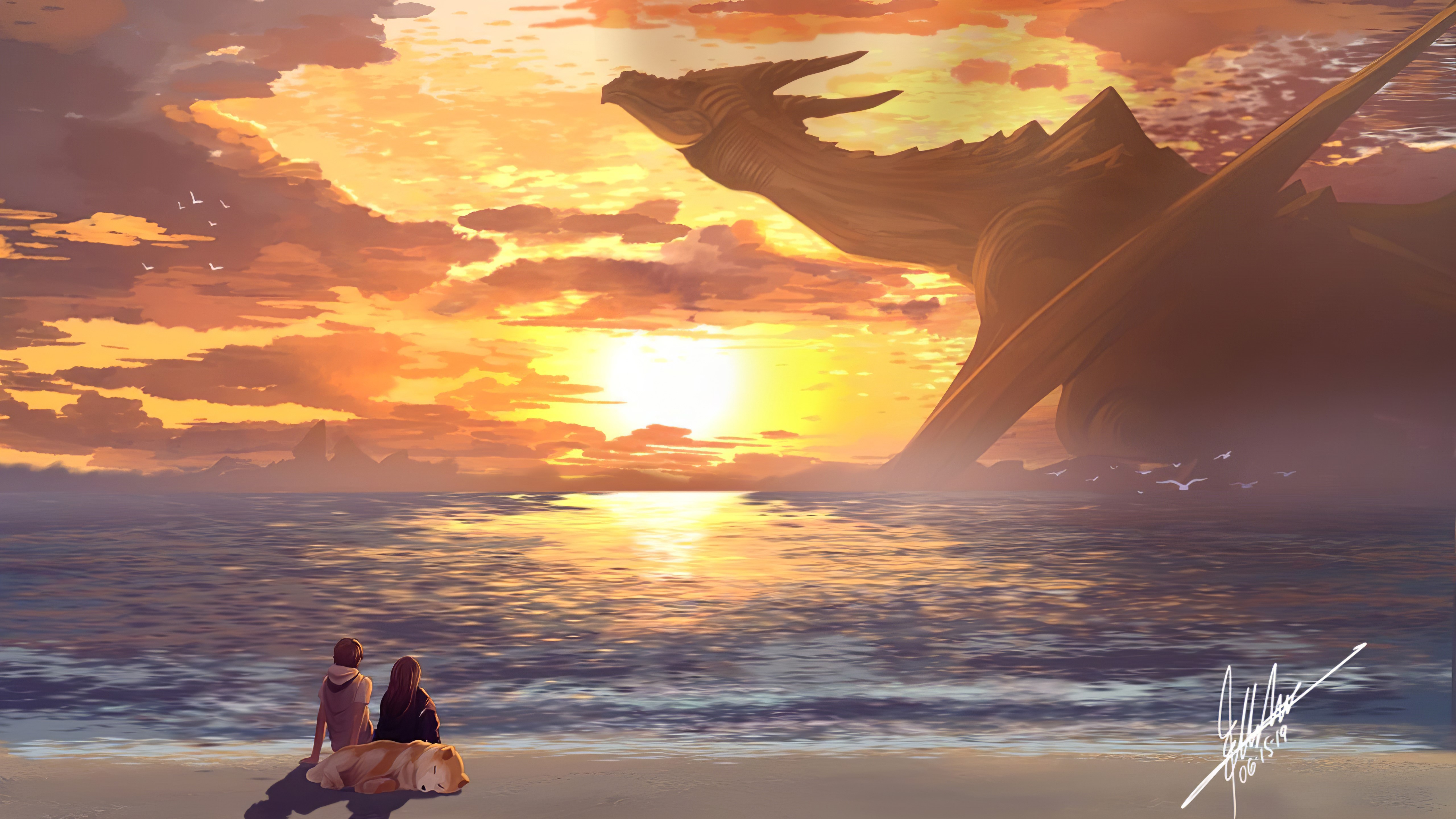 dragon, sunset, beach, artist, artwork, digital art, hd, 4k, 5k, dog, deviantart, HD Wallpaper