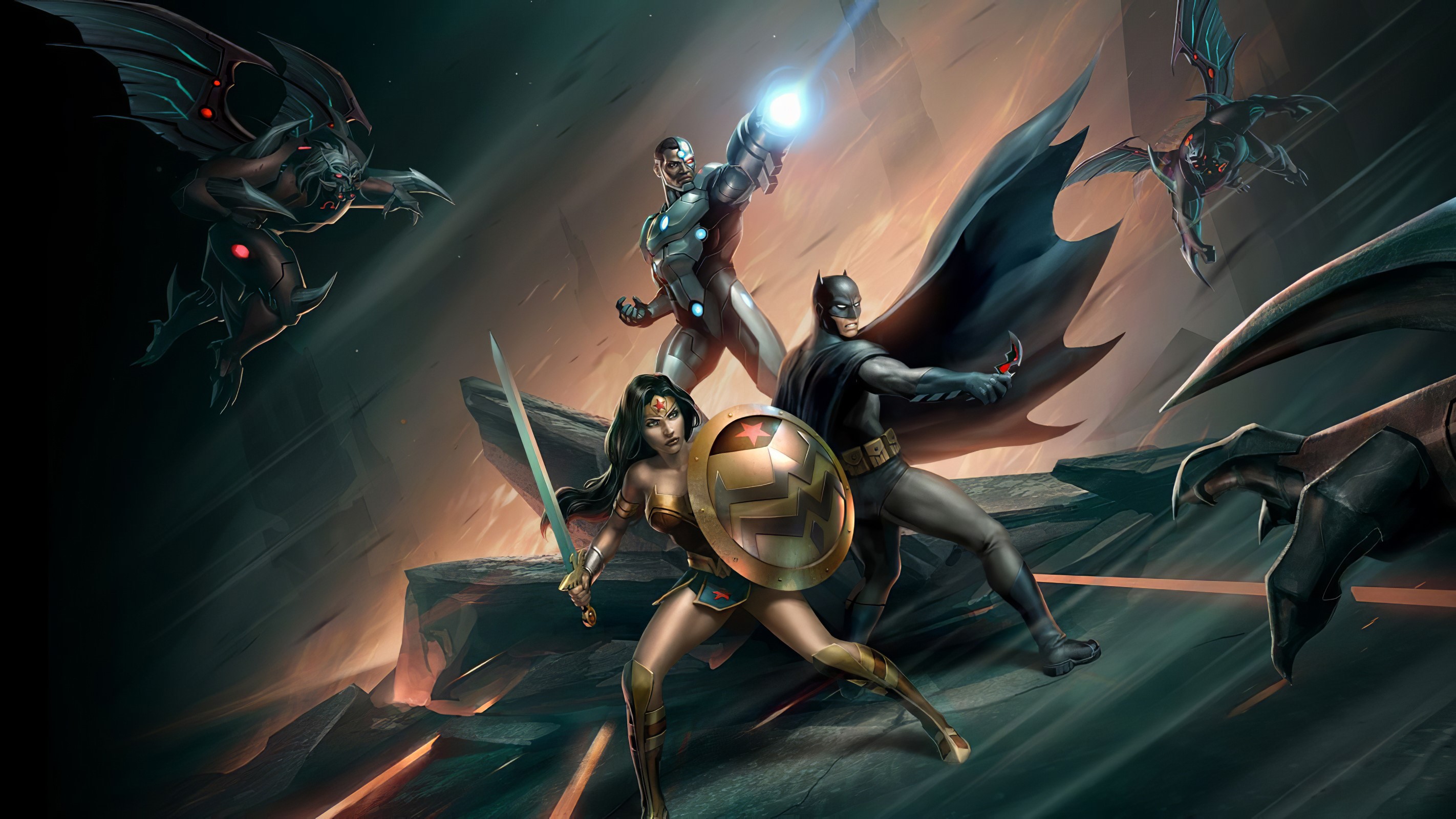 wonder woman, batman, cyborg, superheroes, artwork, hd, HD Wallpaper