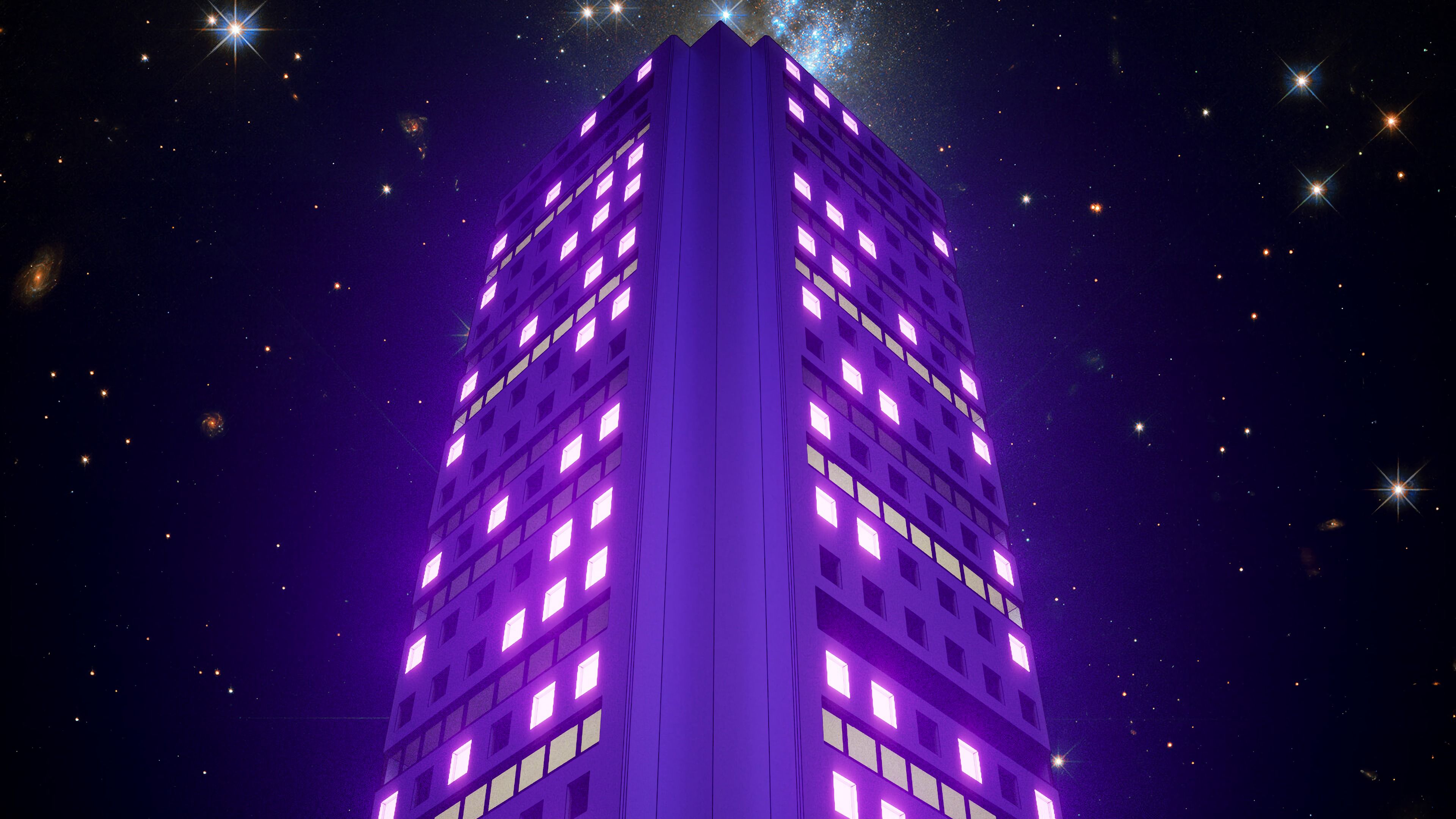 building, night, neon, glow, art, 4k, HD Wallpaper