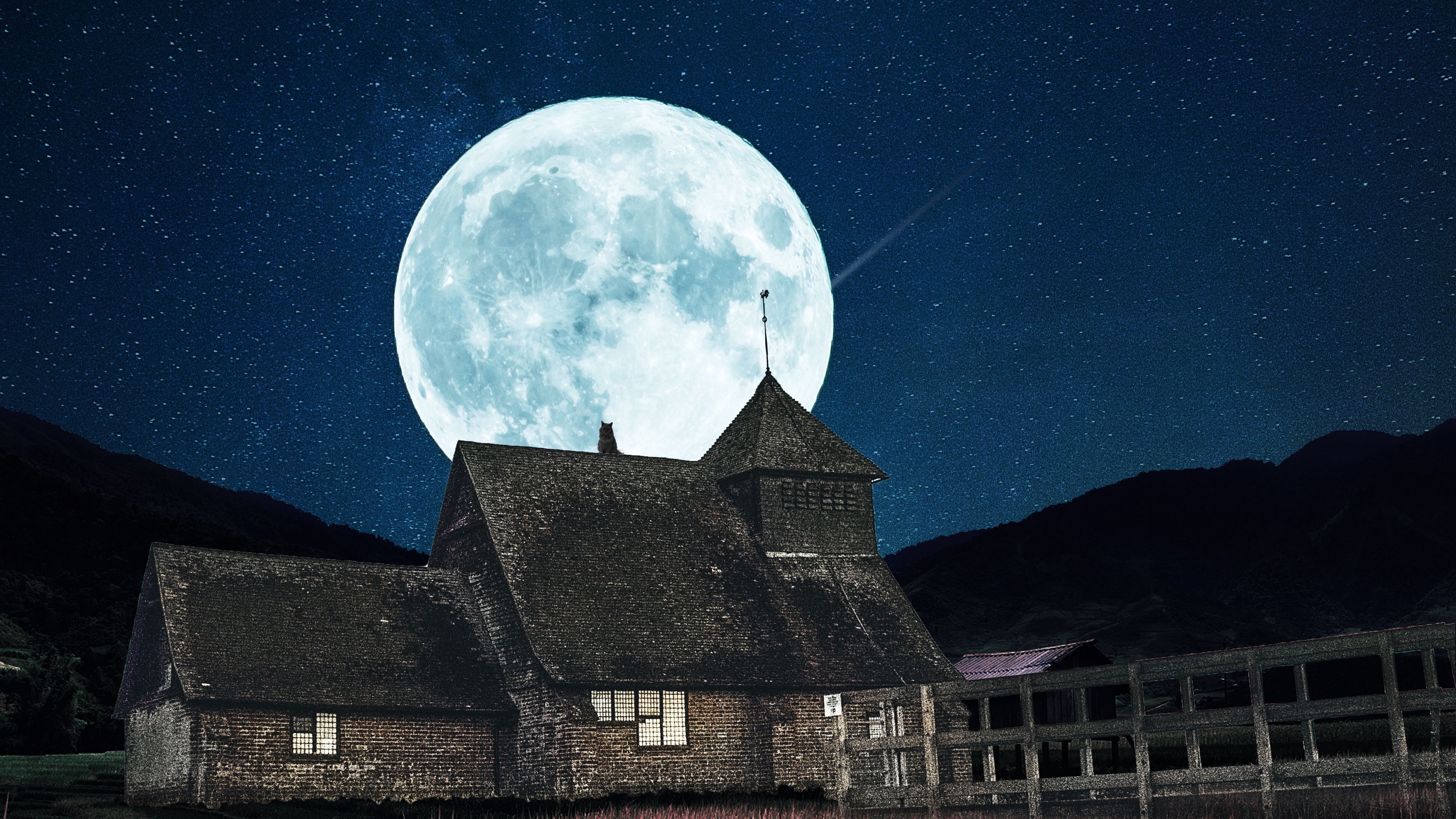 building, moon, night, full moon, starry sky, 4k, HD Wallpaper