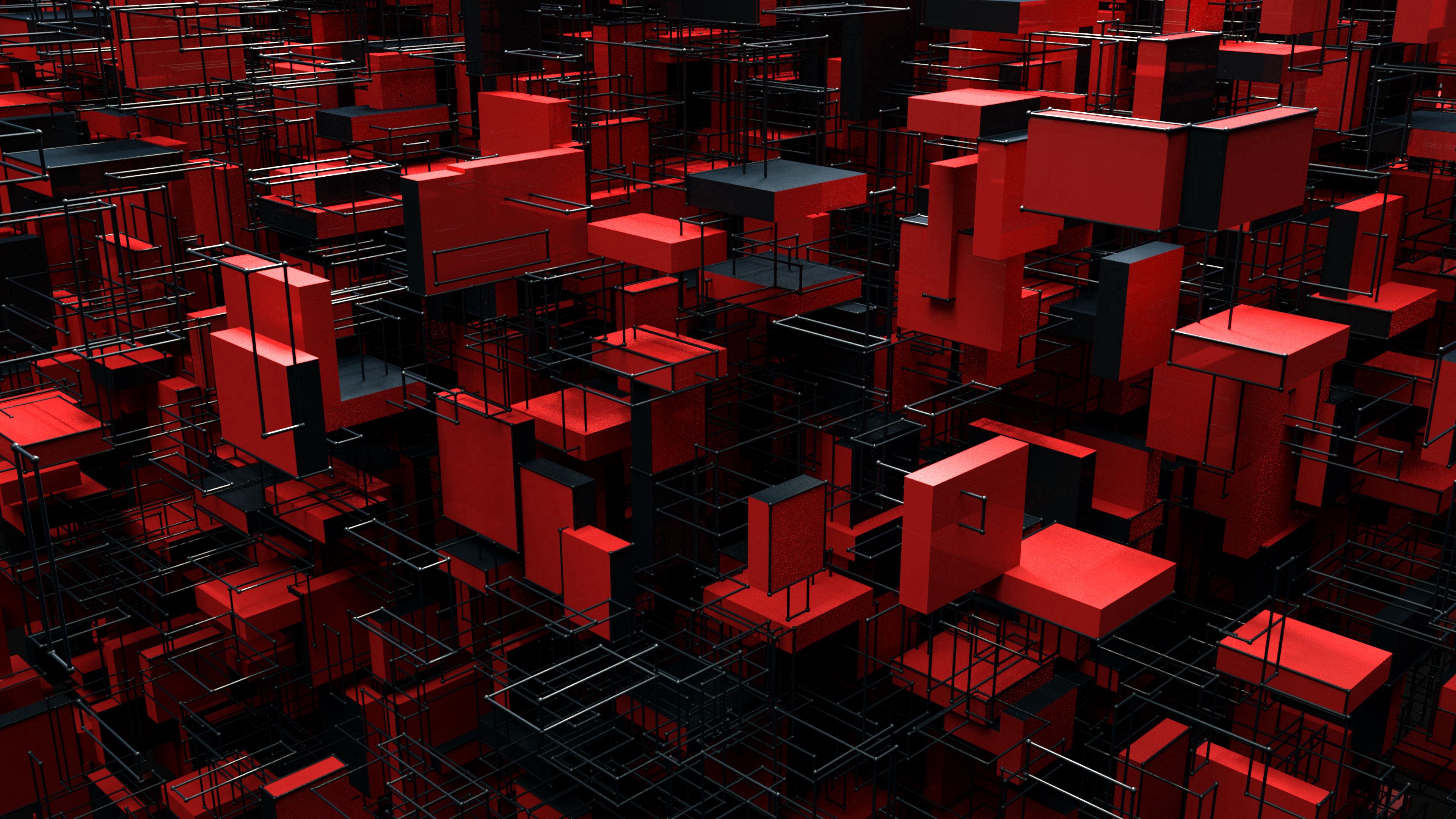 structure, blocks, 3d, red, black, 4k, HD Wallpaper