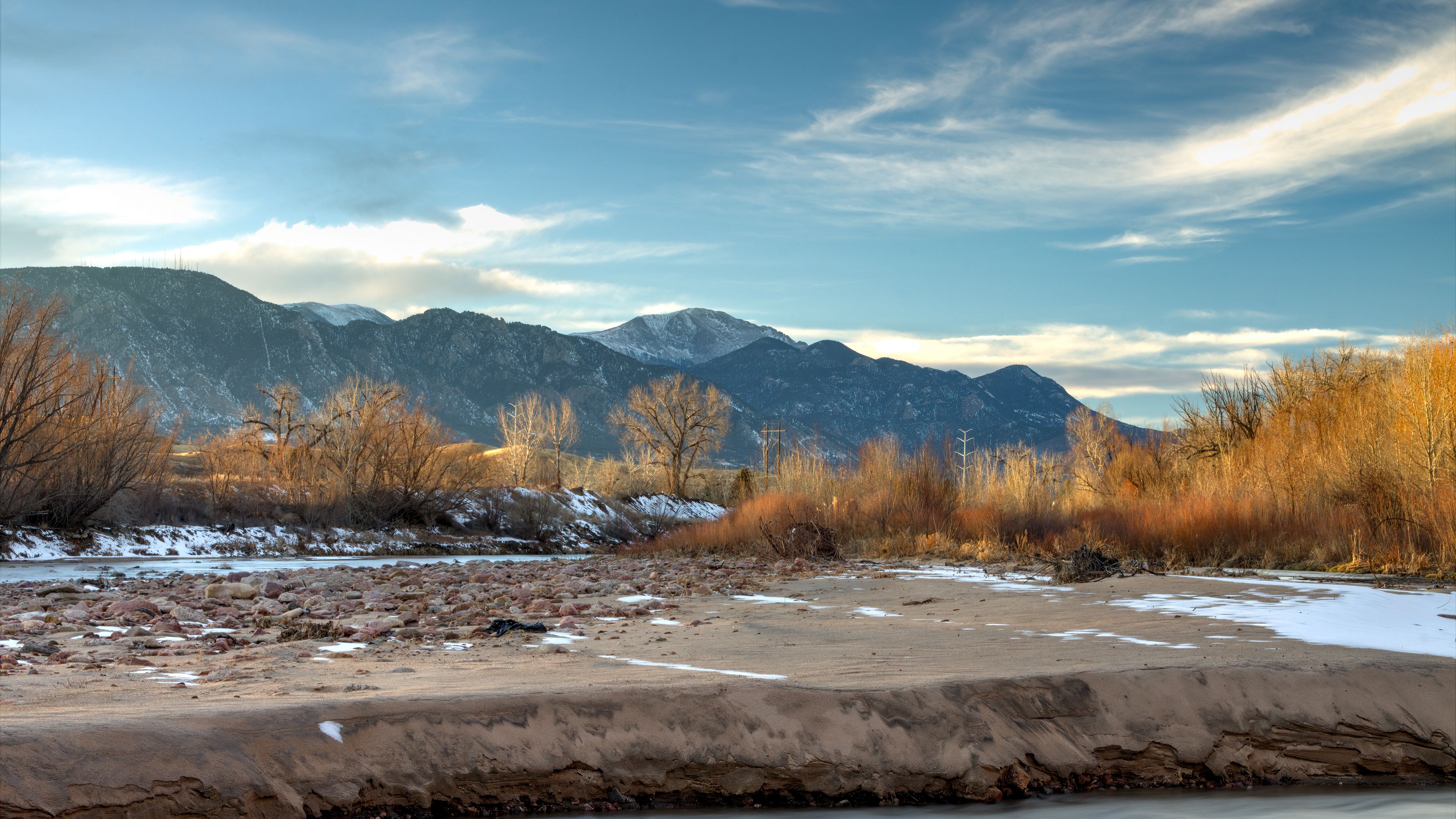 mountains, peaks, plants, river, 4k, HD Wallpaper