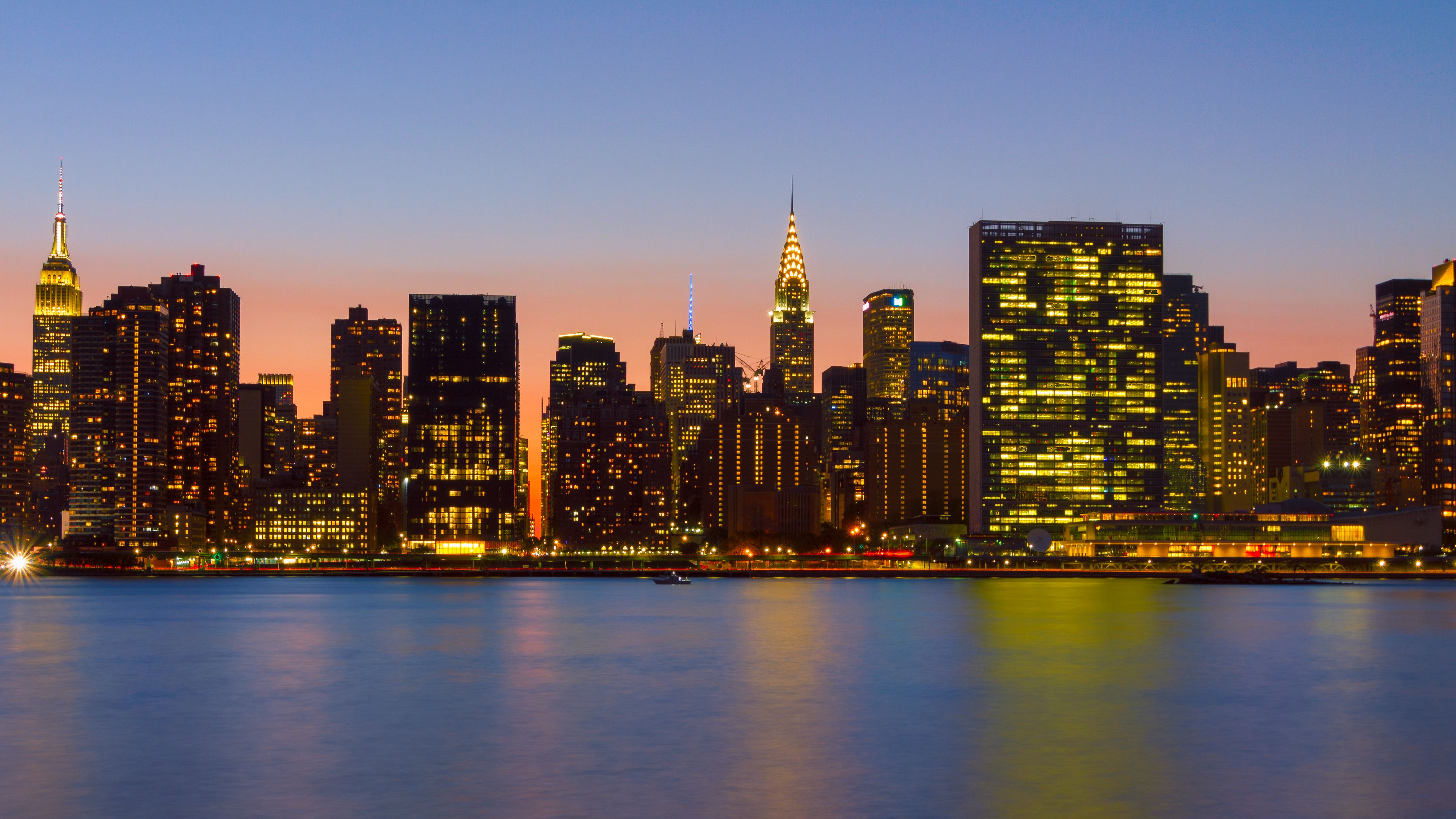 night city, architecture, buildings, water, lights, 4k, HD Wallpaper