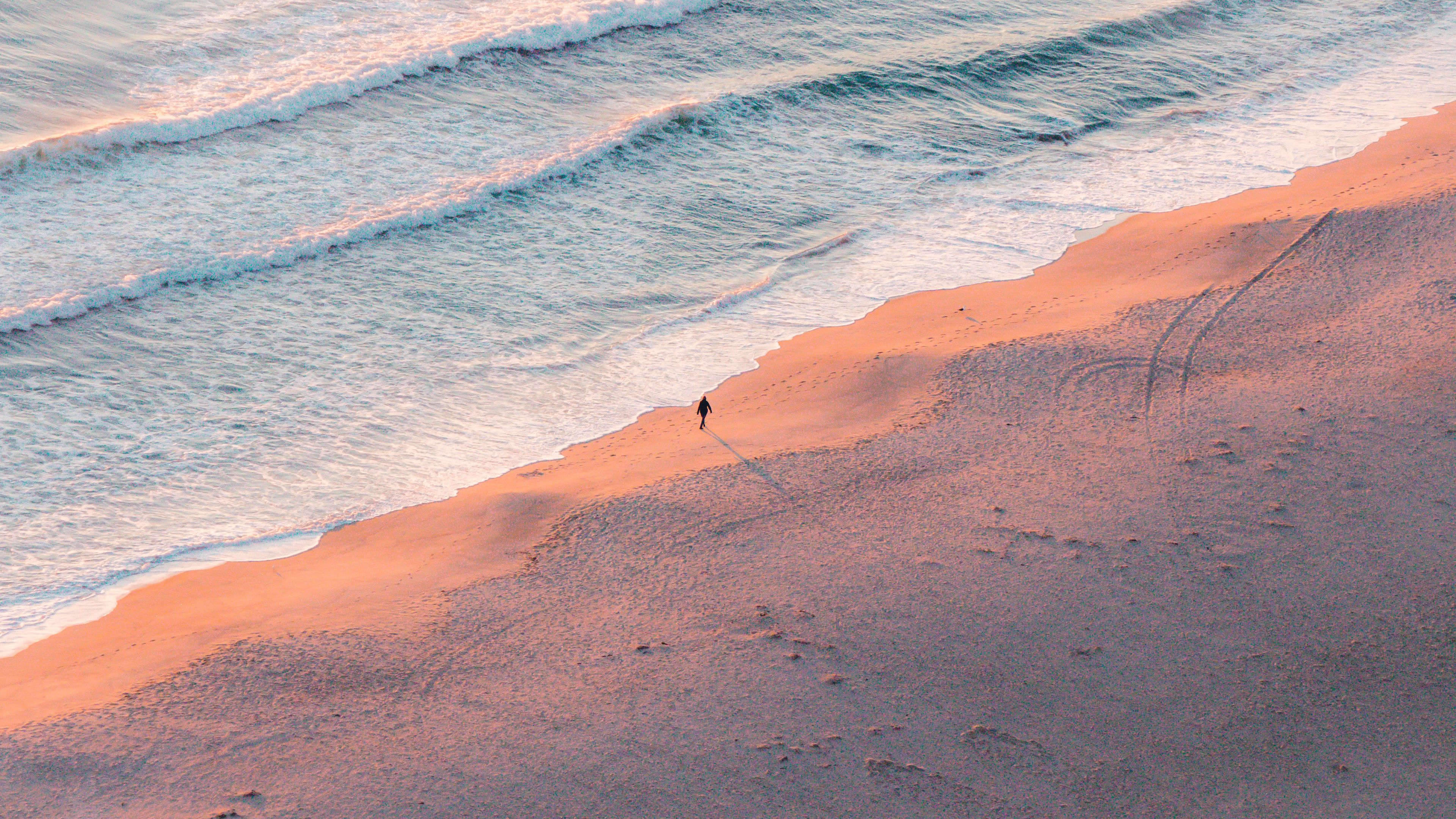 beach, silhouette, aerial view, sea, coast, 4k, HD Wallpaper