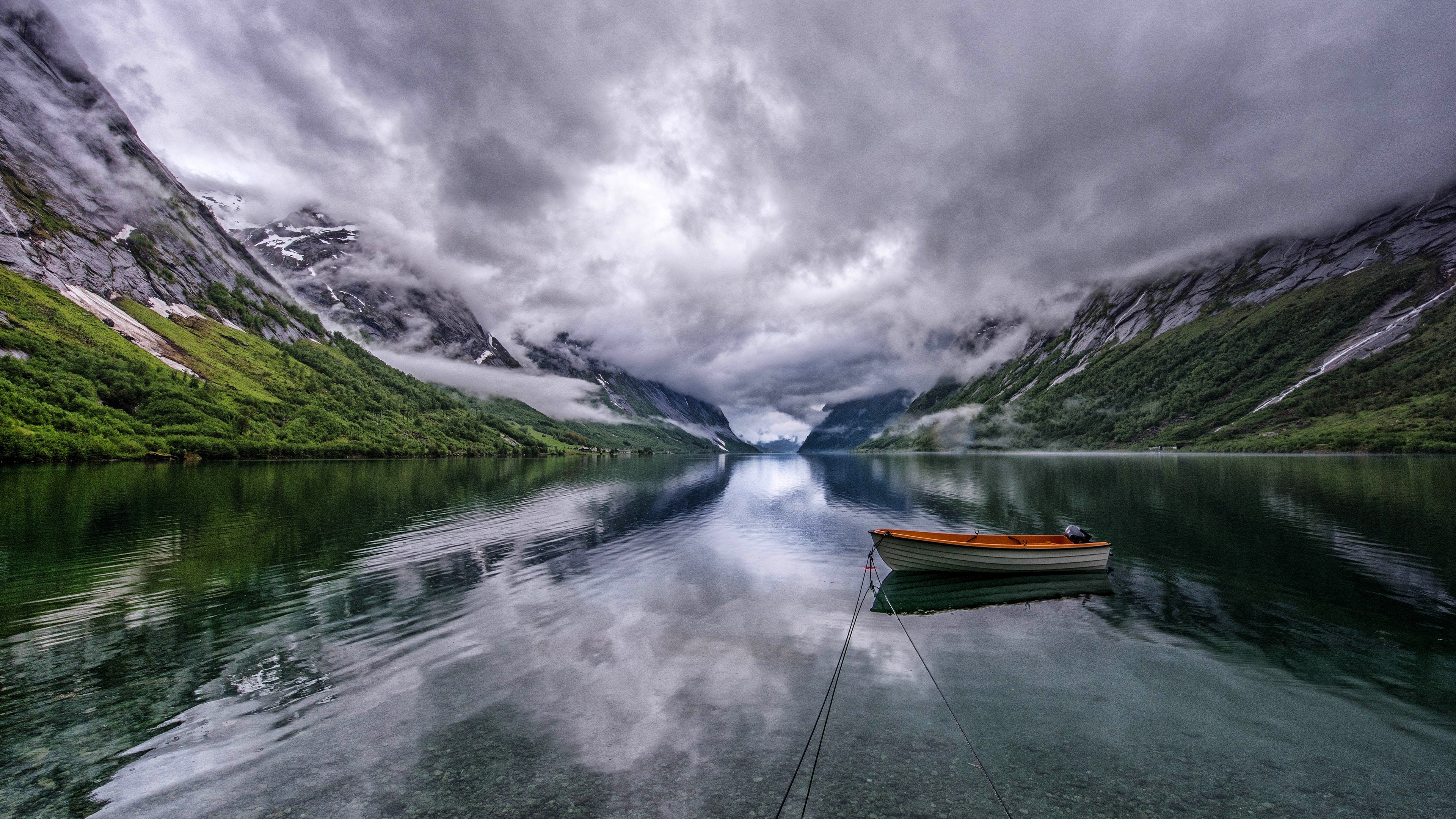 mountains, landscape, lake, boat, sky, nature, HD Wallpaper
