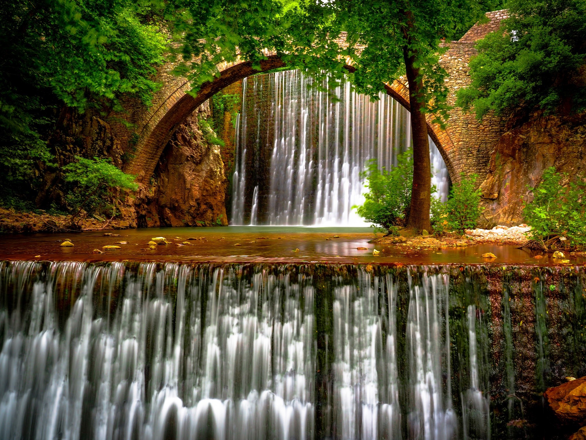 waterfall, water, trees, HD Wallpaper