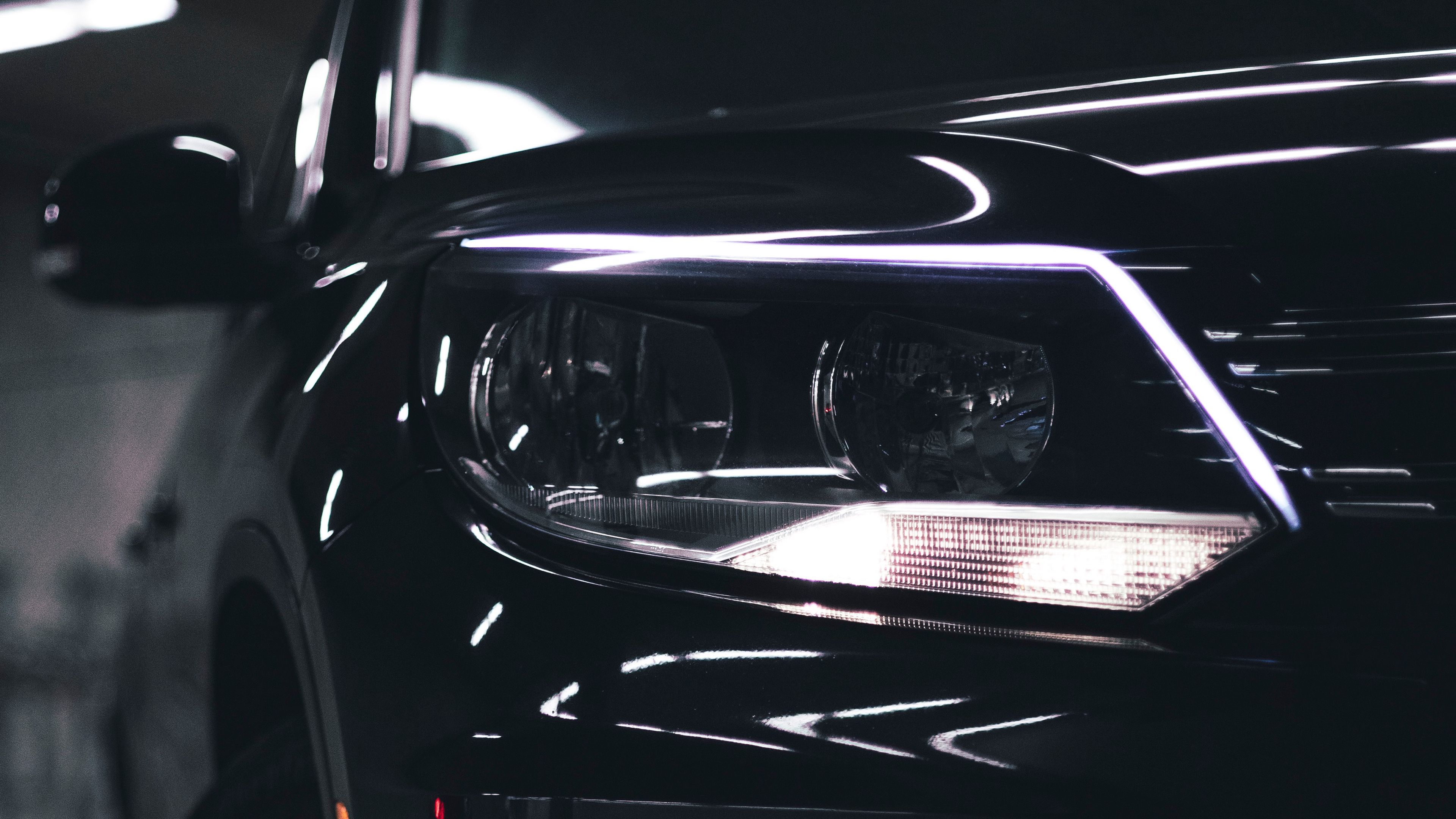 car, black, front view, headlights, 4k, HD Wallpaper