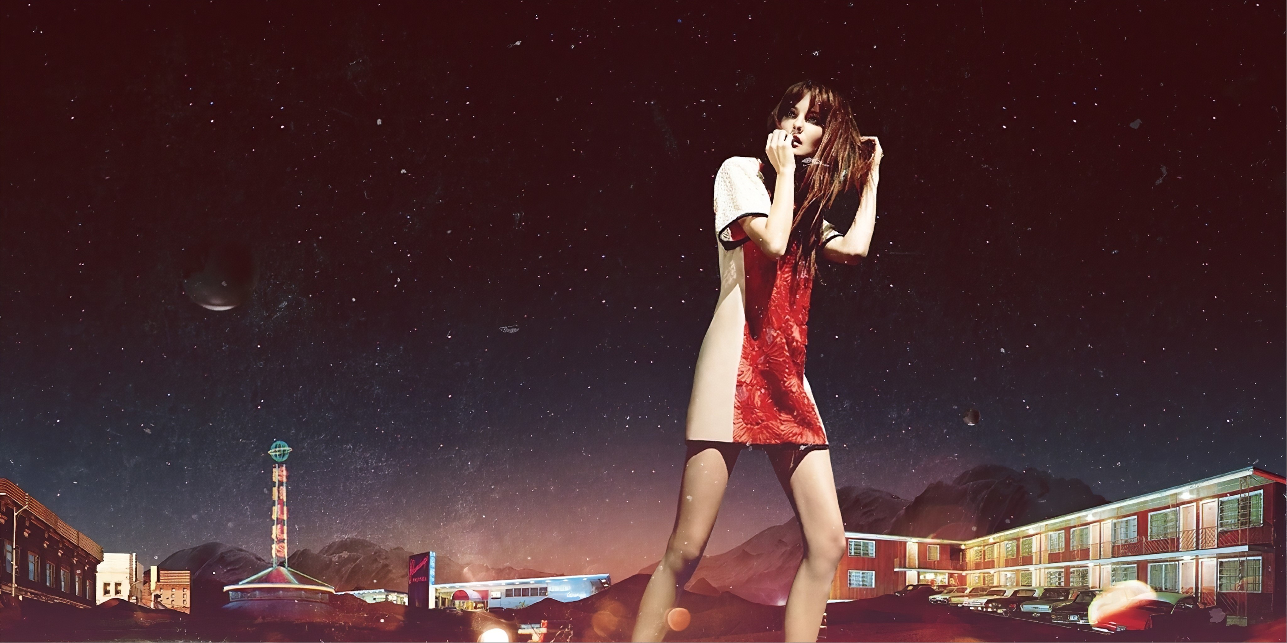 digital art, night, fashion, model, stars, highway, bokeh, HD Wallpaper