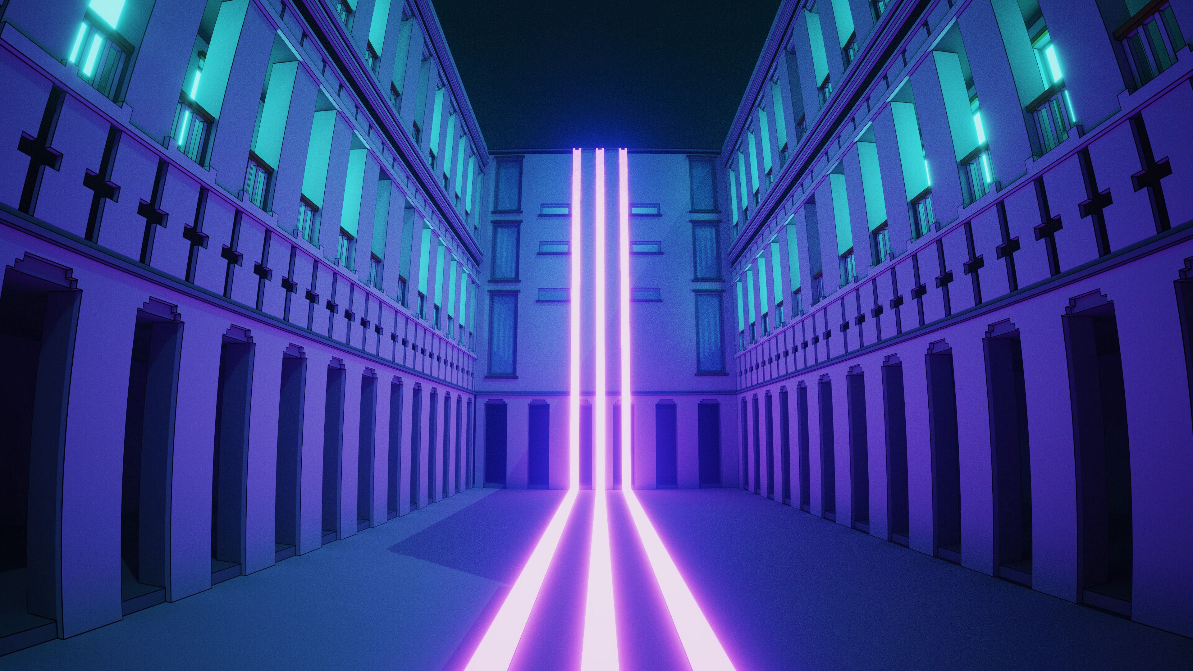 building, lines, neon, stripes, art, 4k, HD Wallpaper