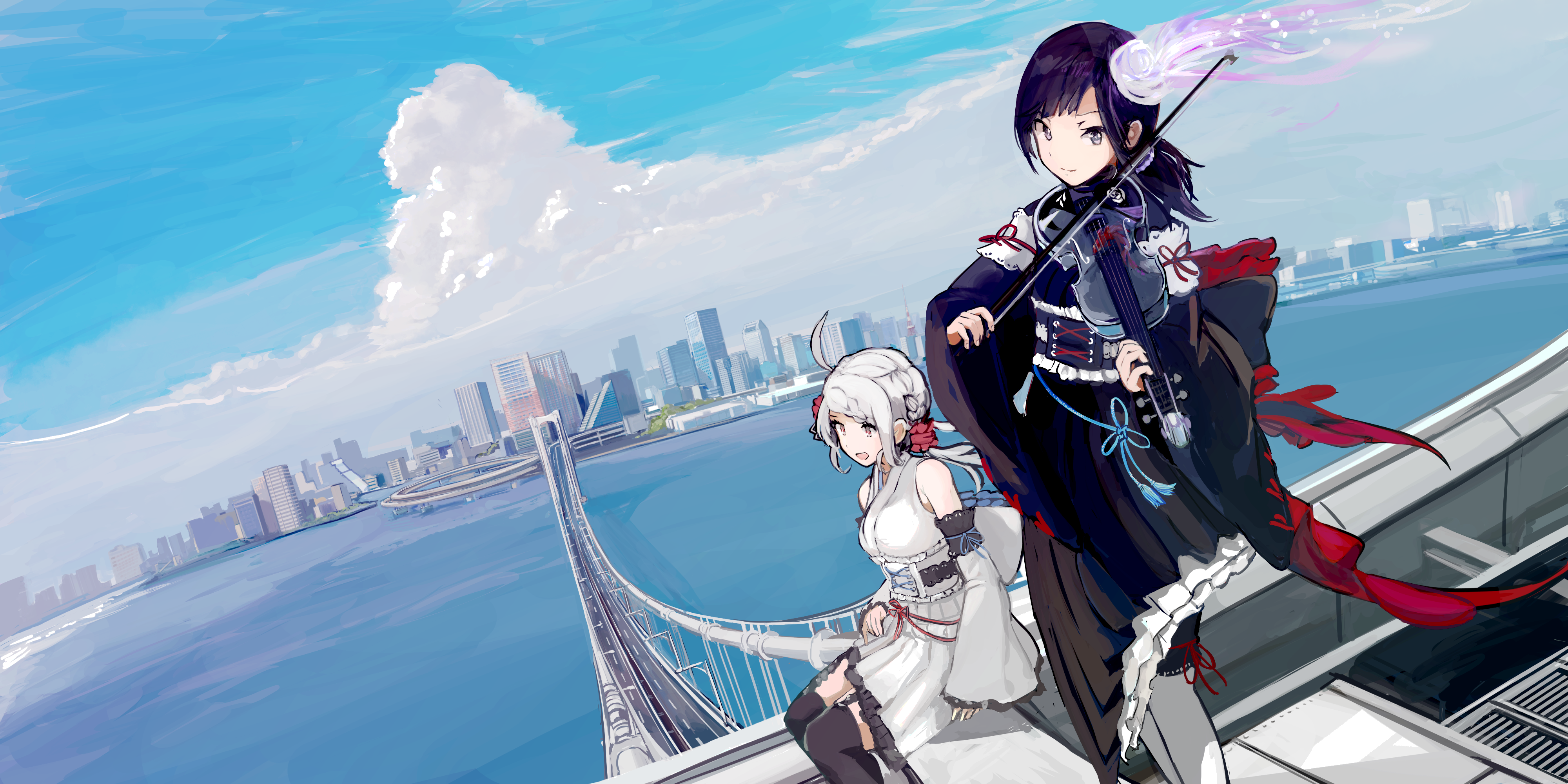 anime, anime girls, cityscape, musical instrument, violin, sky, bridge, HD Wallpaper
