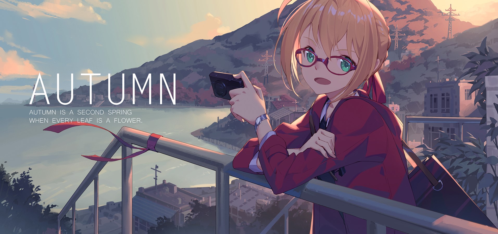anime, anime girls, camera, green eyes, blonde, HD Wallpaper