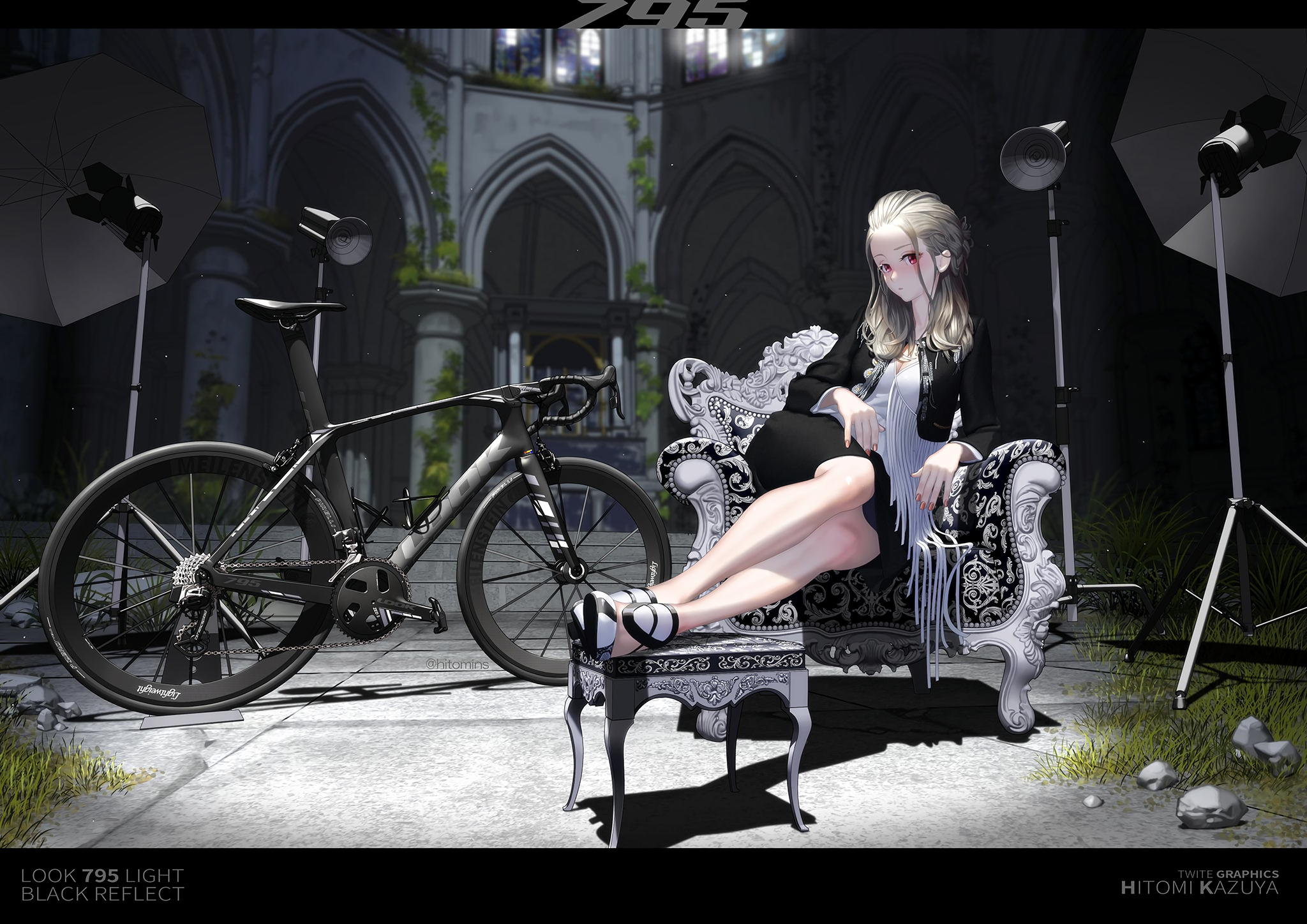 anime, anime girls, red eyes, bicycle, vehicle, legs, HD Wallpaper