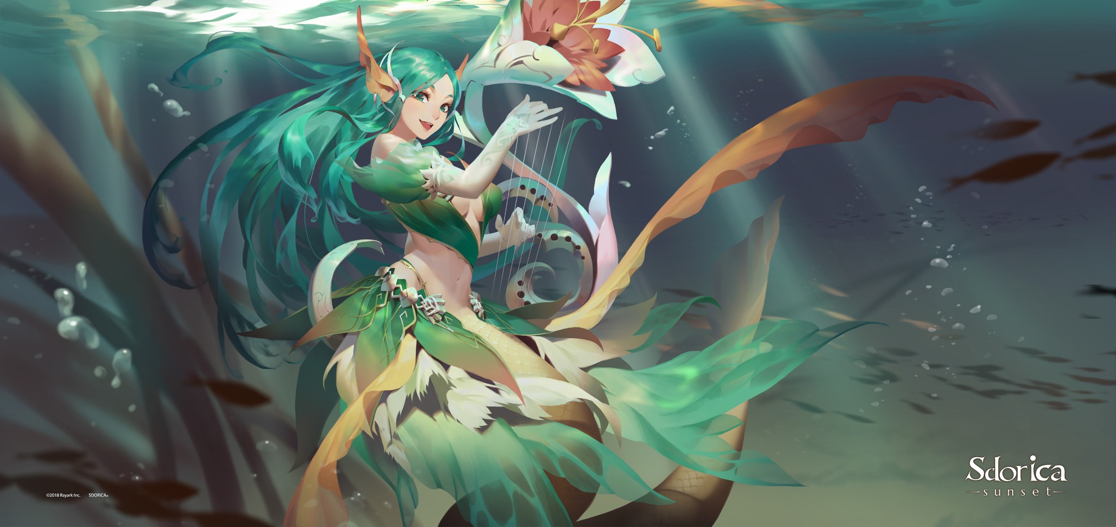 anime girls, anime, green hair, fantasy girl, long hair, underwater, cyan hair, HD Wallpaper