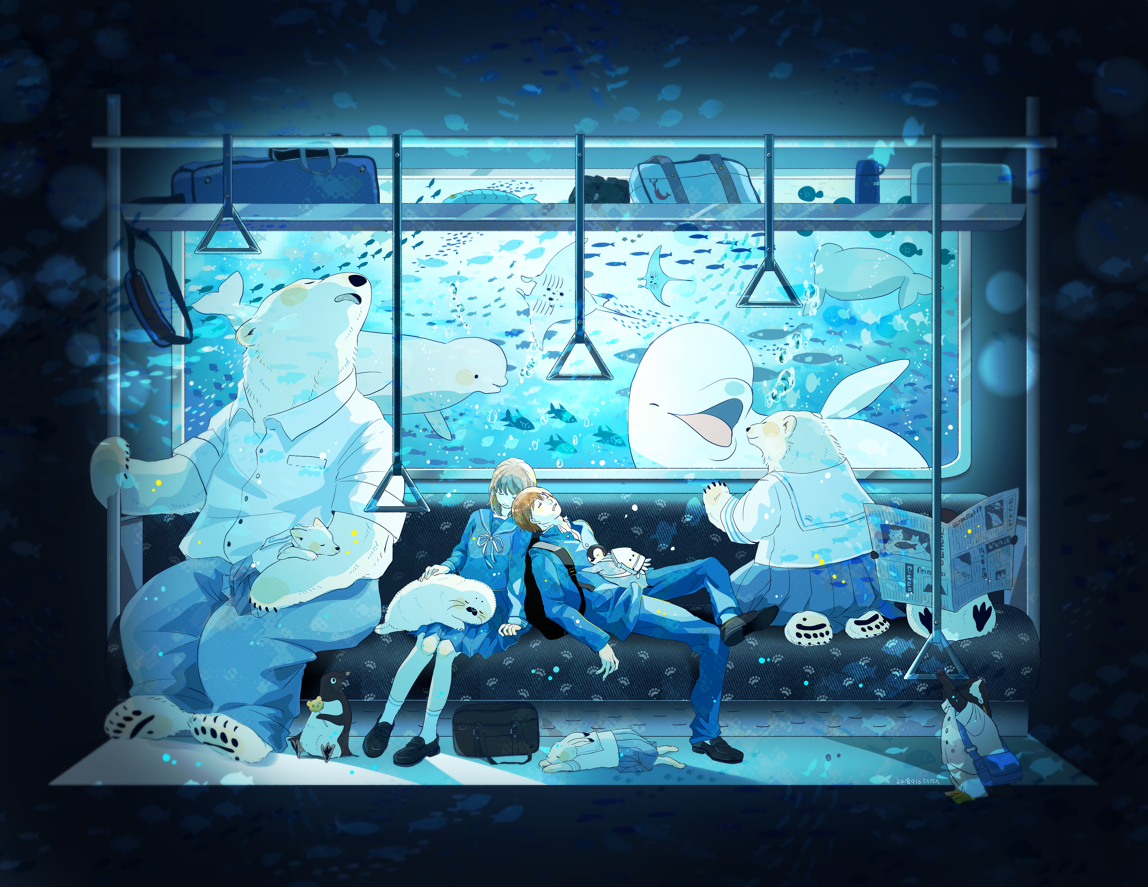 anime girls, anime, anime boys, cyan, animals, artwork, polar bears, HD Wallpaper