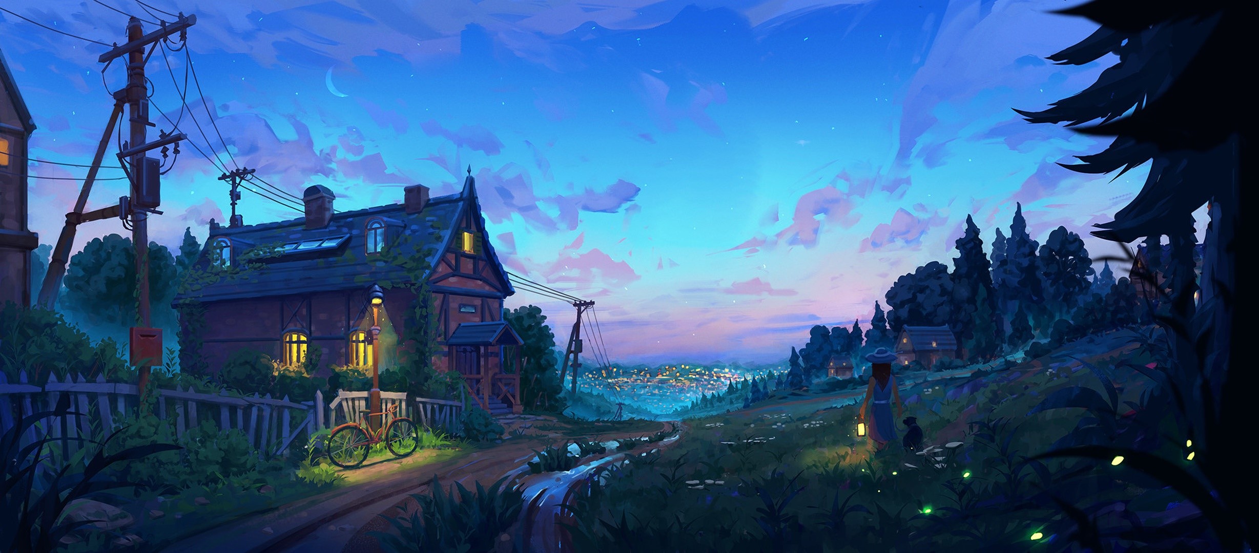 artwork, landscape, house, Moon, sky, stars, anime, bicycle, crescent moon, Denis Istomin, HD Wallpaper