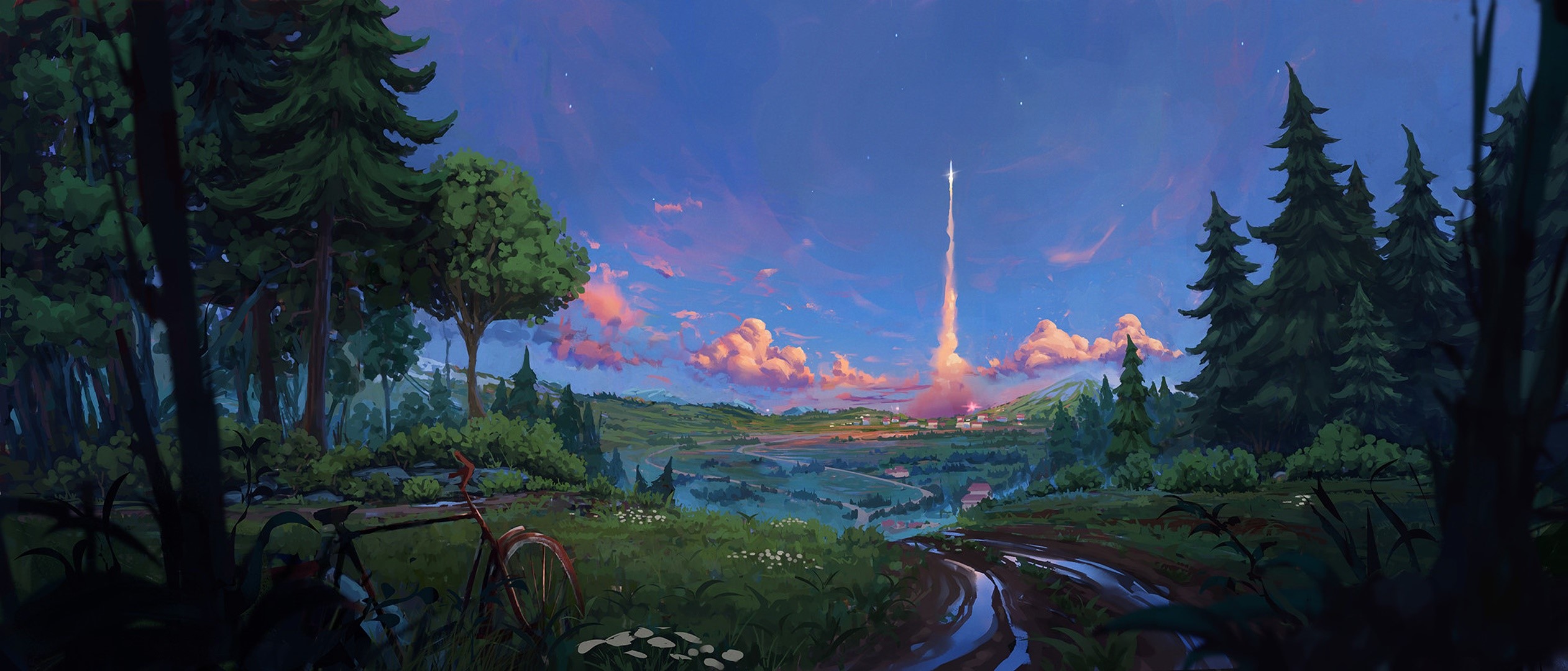artwork, landscape, rocket, HD Wallpaper