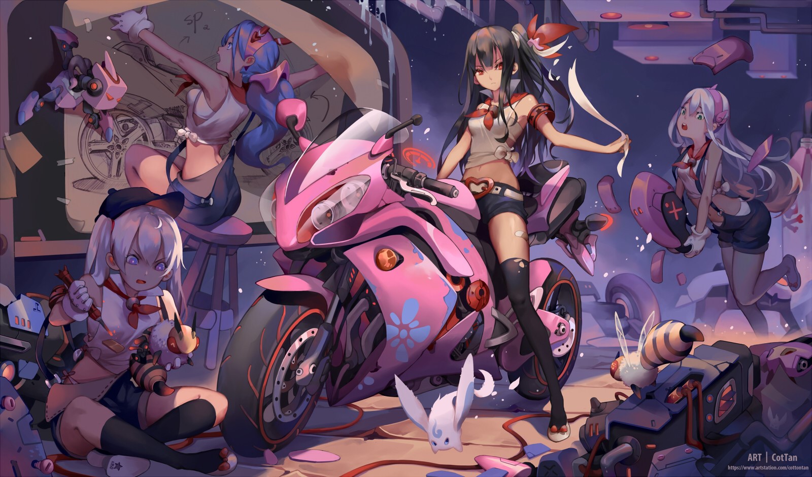 anime girls, anime, motorcycle, vehicle, pink, HD Wallpaper