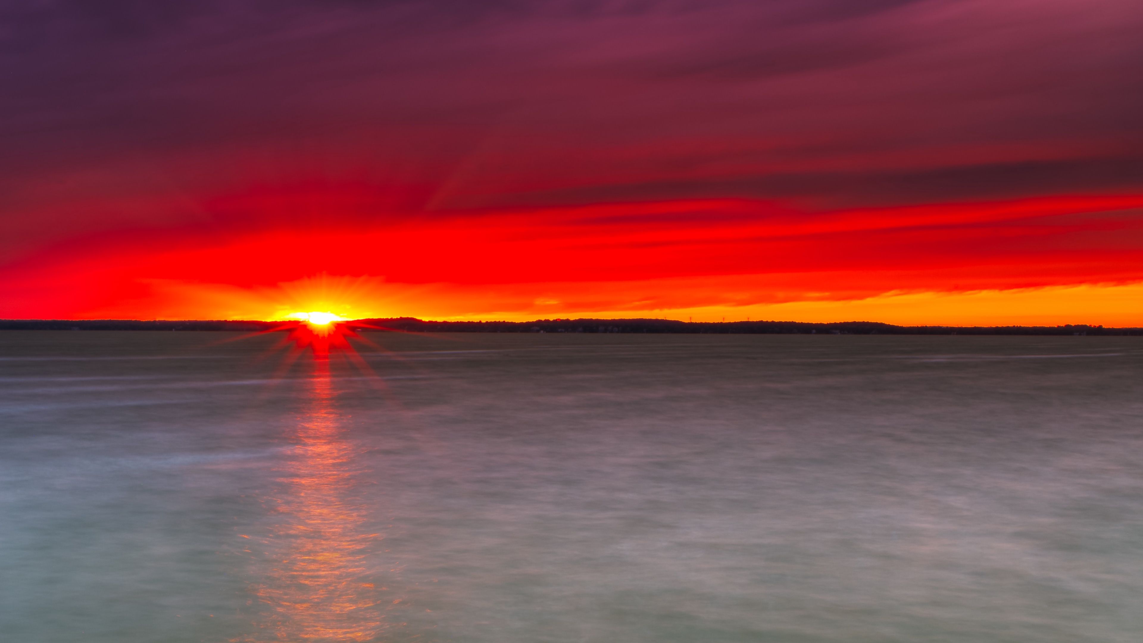 sunset, lake, horizon, stone, water, 4k, HD Wallpaper