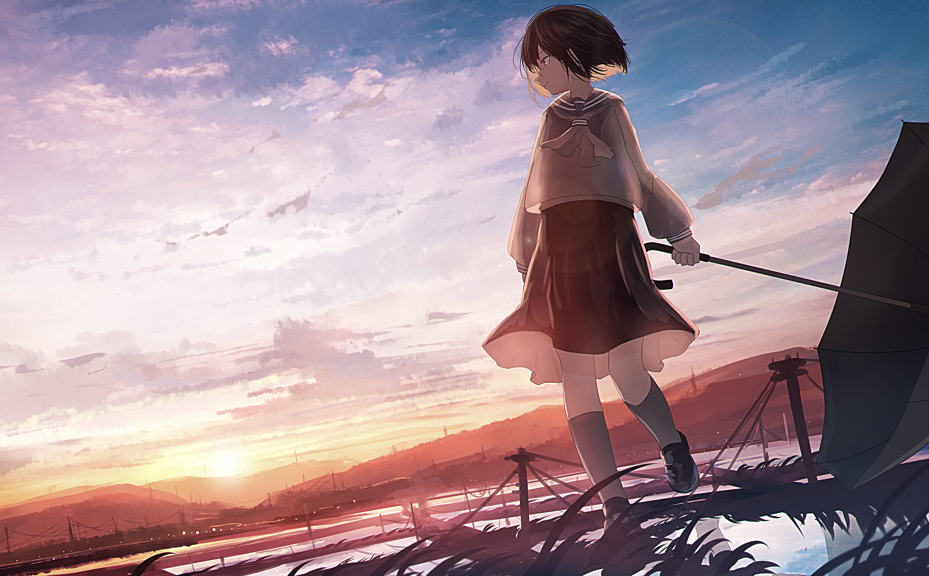 anime, anime girls, sky, clouds, umbrella, HD Wallpaper