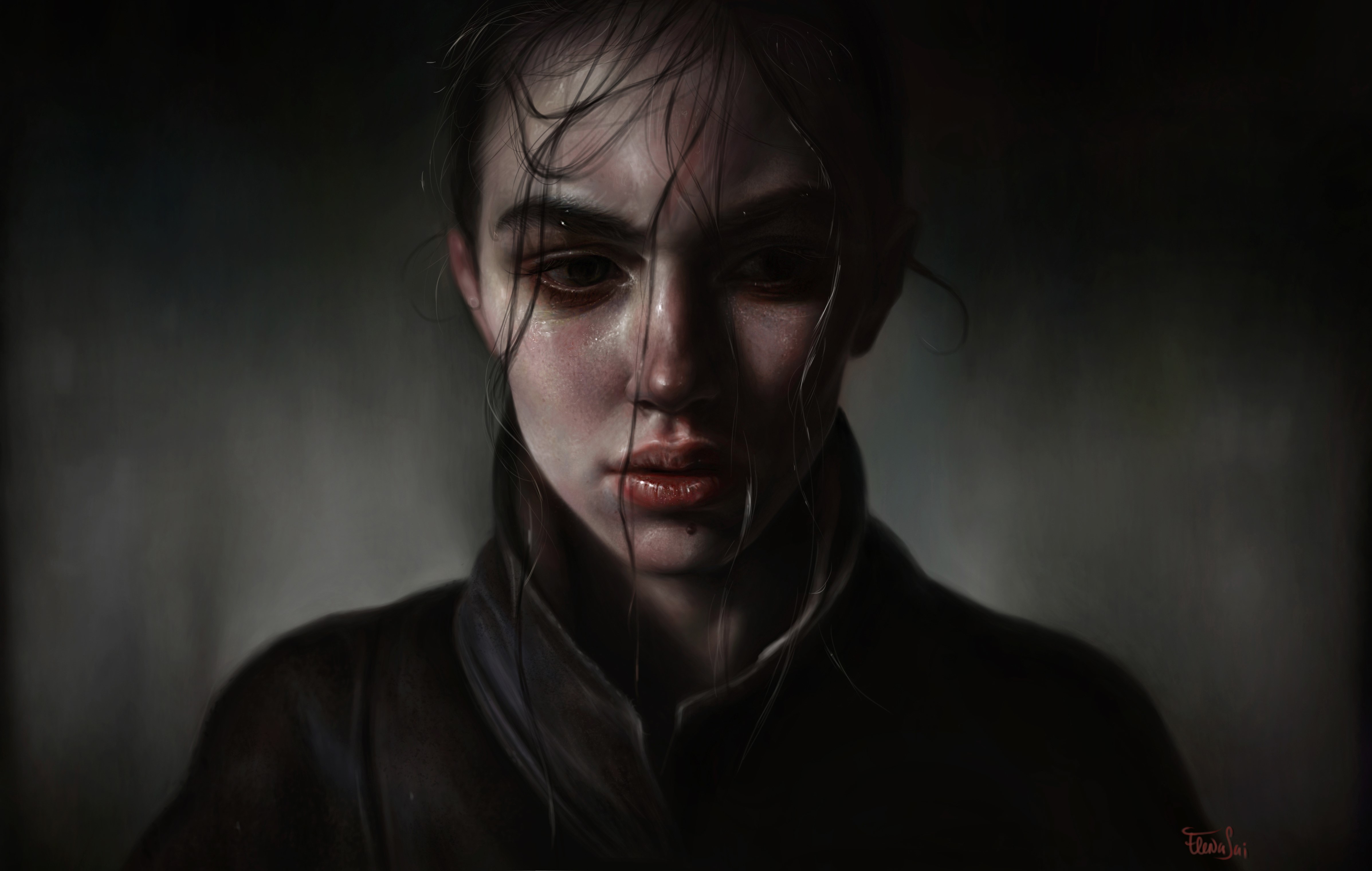 realistic, women, dark, portrait, face, artwork, HD Wallpaper