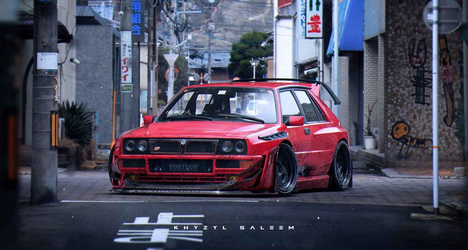 Khyzyl Saleem, car, render, digital art, Lancia Delta, widebody, vehicle, red cars, HD Wallpaper