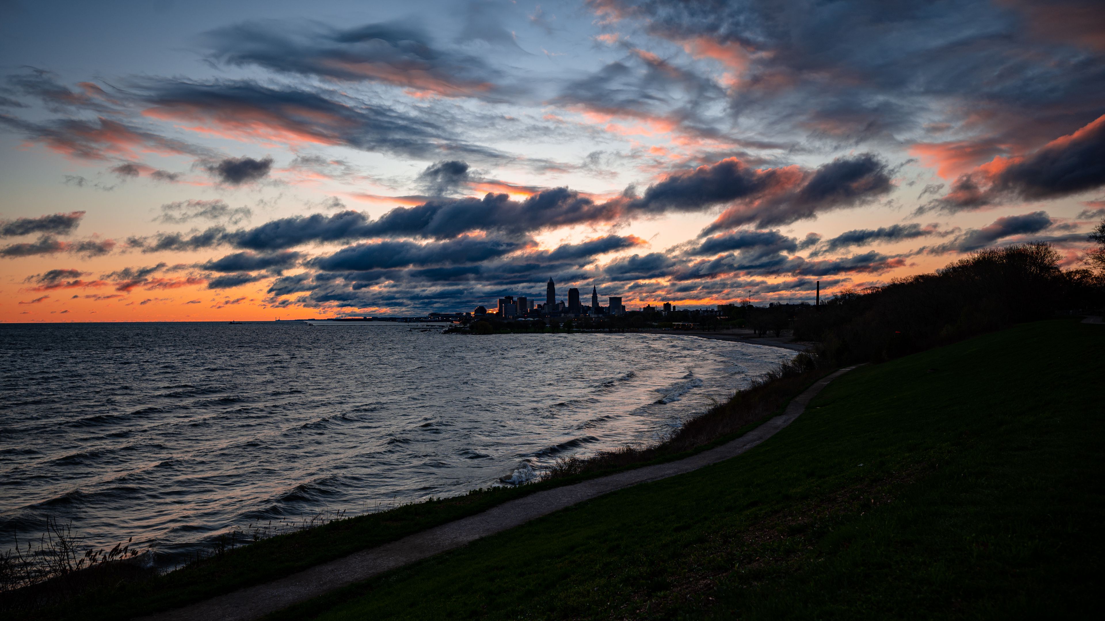city, coast, water, sunset, 4k, HD Wallpaper