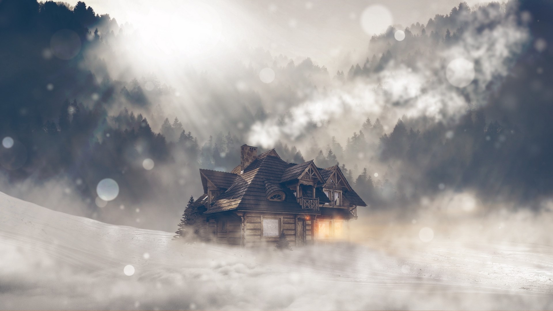 house, snowstorm, cabin, artwork, digital art, Photoshop, nature, landscape, wood, bokeh, lens flare, snow, mist, HD Wallpaper